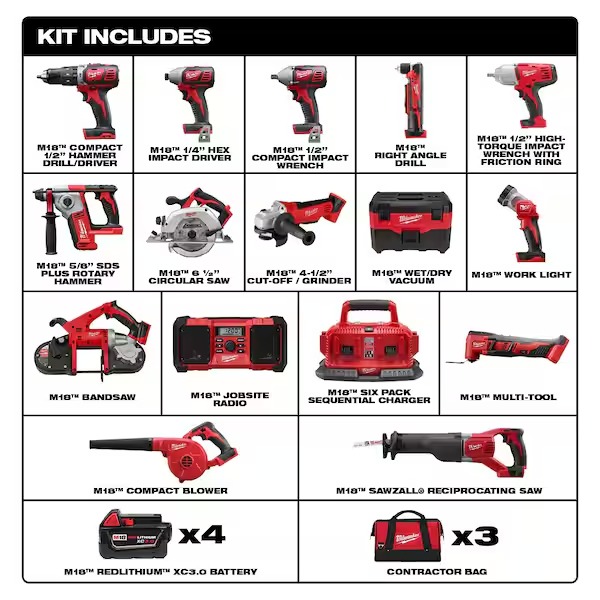 Milwaukee M18 18V Lithium-Ion Cordless Combo Tool Kit (15-Tool) with Four 3.0 Ah Batteries, (1) Charger, (3) Tool Bag