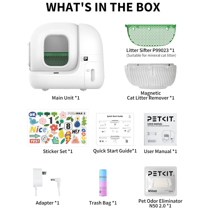 PETKIT PuraMax 2 Self-Cleaning Cat Litter Box, Automatic Litter Box with Anti-Leakage Upgrad Waterproof Litter Pad Max, Scoop-Free Litter Box Includes N50 2.0 & Trash Bags, 2.4G WiFi