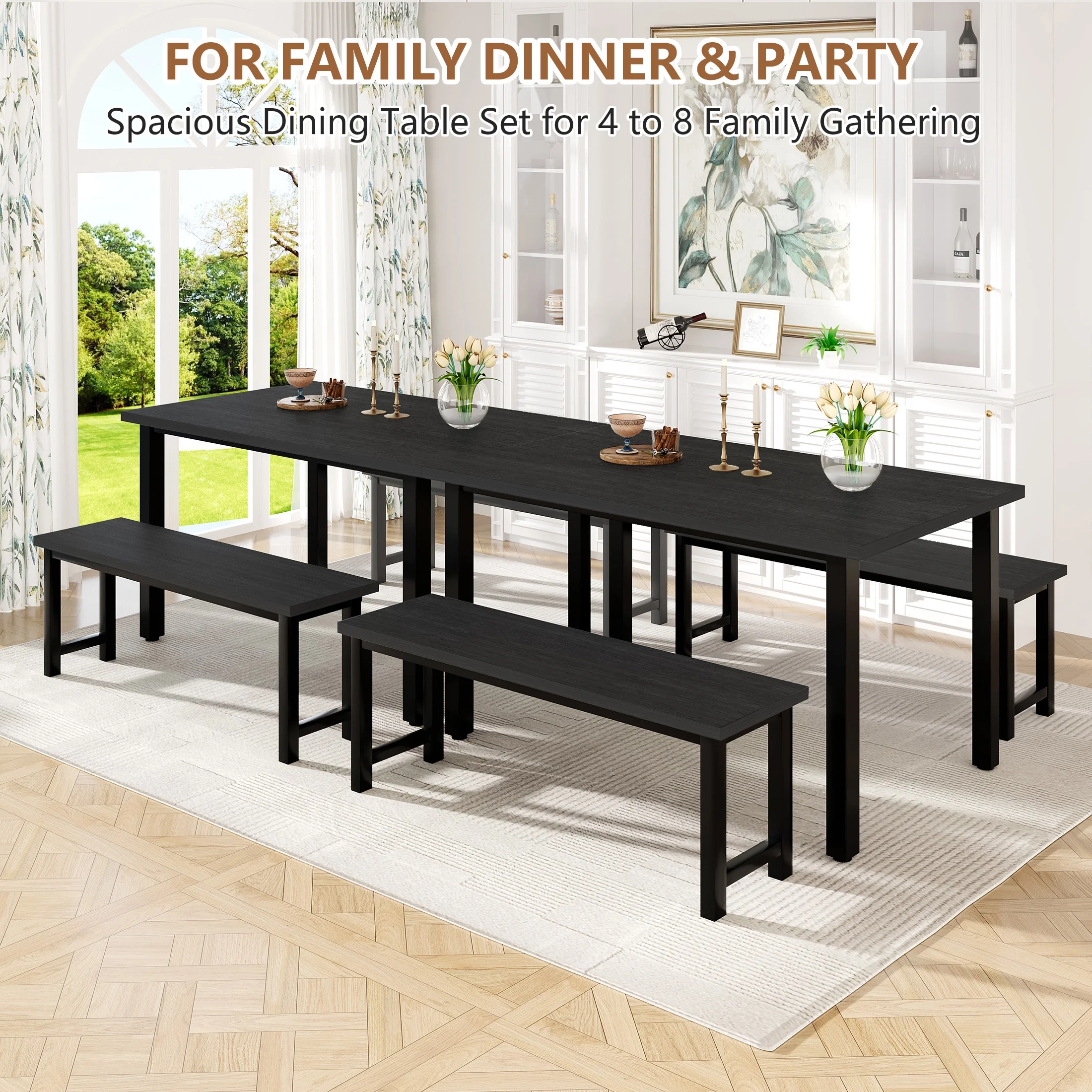 UHOMEPRO Dining Room Table Set, 3-Piece Dining Table Set with 2 Benches, Kitchen Table Set for 4 with Metal Frame, Modern Dining Room Set Furniture Set for Bar Dining Room Breakfast Nook, Black