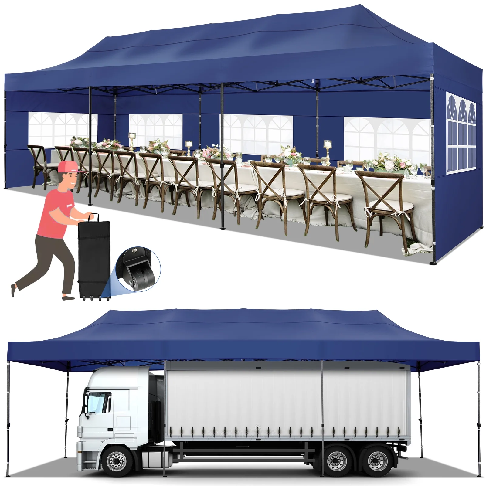 SANOPY 10'x30' Canopy Heavy Duty Pop Up Canopy Tent Outdoor Gazebo Shelter Portable Instant Commercial Wedding Party Tent with 8 Removable Sidewalls&3 Heigh Adjustable&Roller Bag,Dark Blue