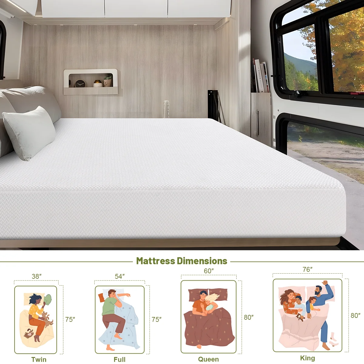 8 Inch Memory Foam Mattress with Tencel Cover, Cooling Green Tea/Gel Medium Firm Bed Mattress in a Box for Camper/Trailer/Truck