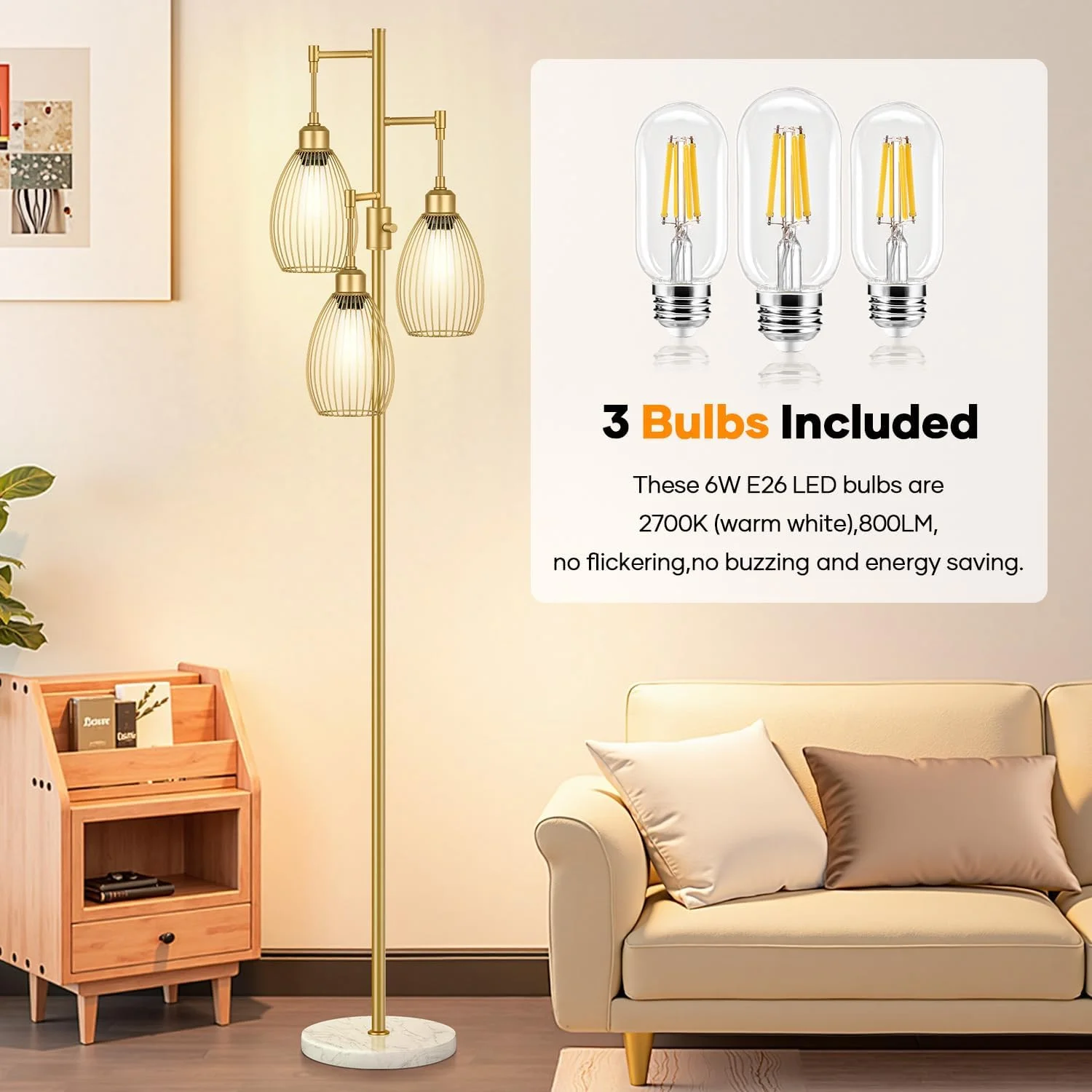 Dimmable Floor Lamp, 3 x 800LM LED Edison Bulbs Included, Farmhouse Industrial Floor Lamp Standing Tree Lamp with Elegant Teardrop Cage Tall Lamps for Living Room Bedroom Office Dining Room