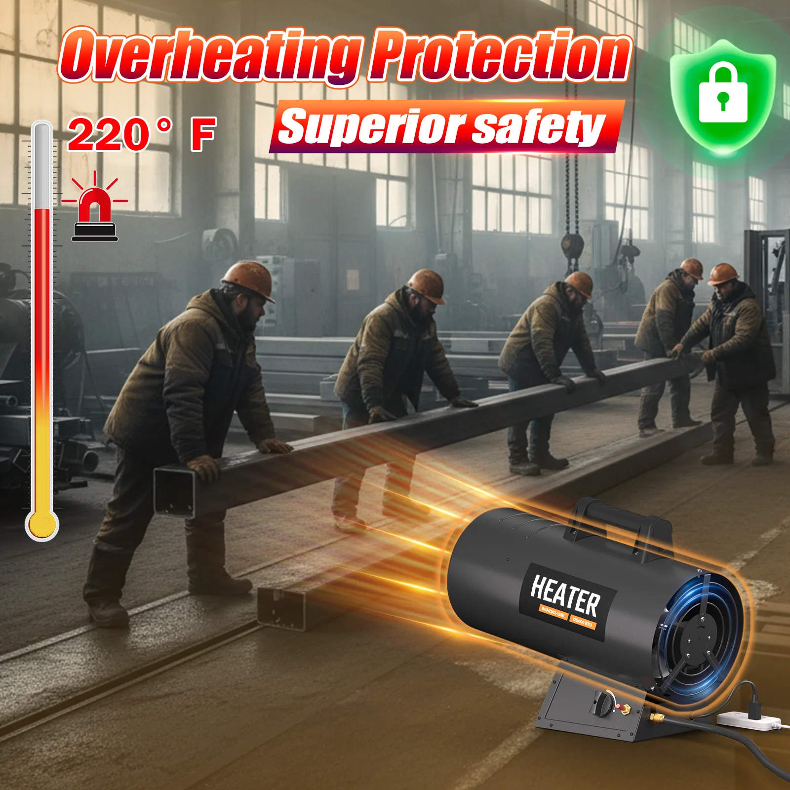 125,000 BTU Forced Air Propane Heater, Adjustable Portable Torpedo Heater for Garage, Jobsite and Construction Sites - 10ft Hose