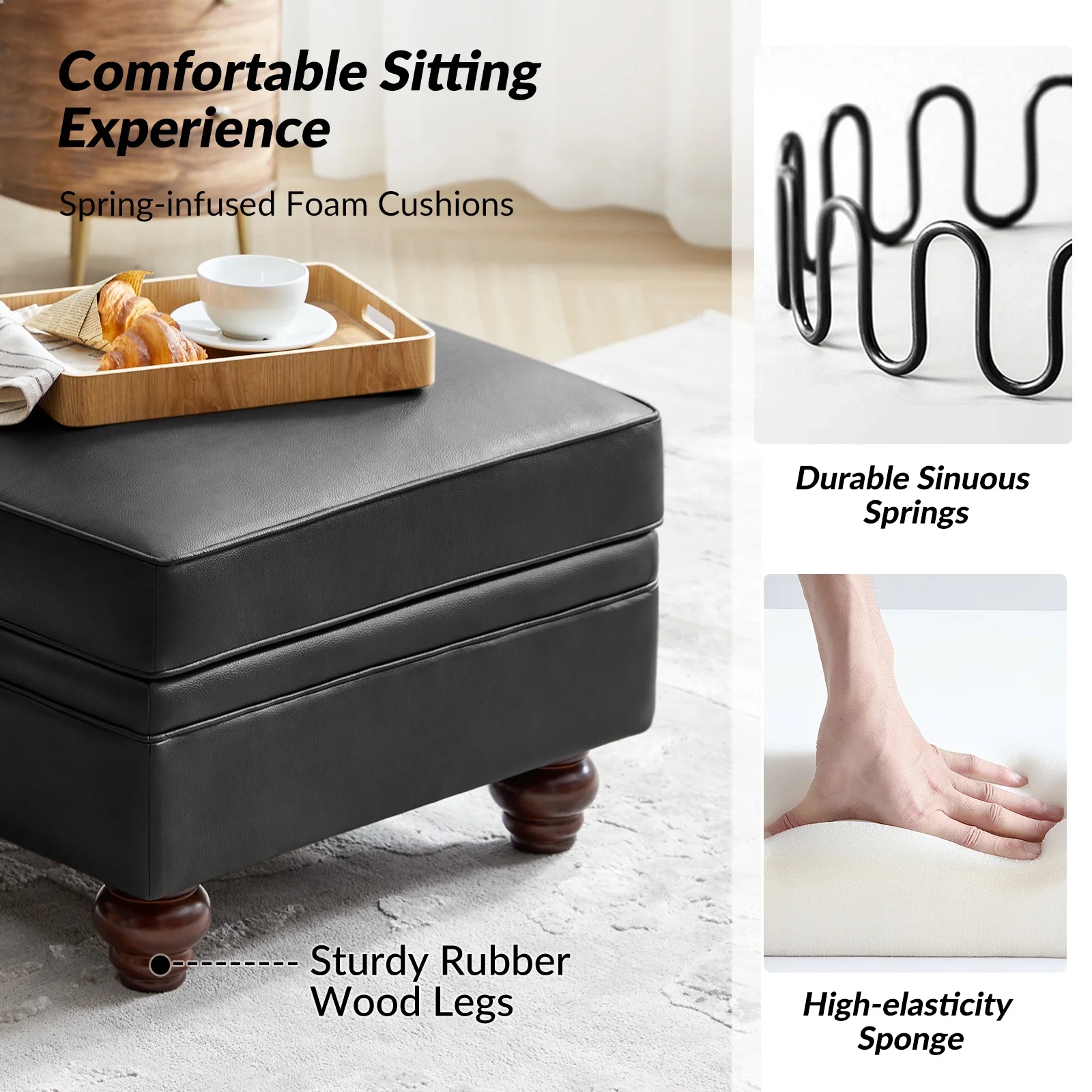 36'' Wide Blue Round Large Ottoman Tufted Coffee Table with Storage Wood Legs Home Living Room