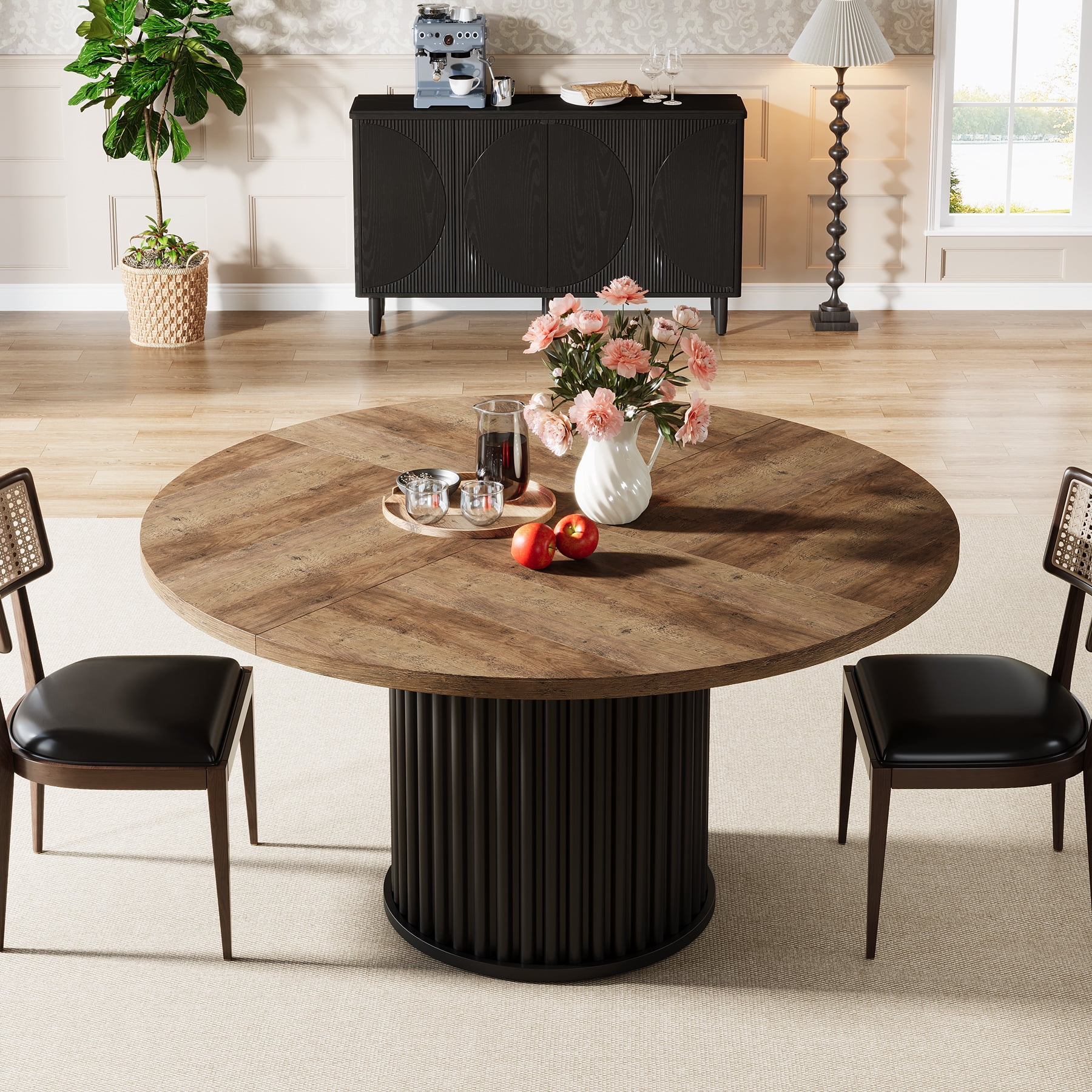 Tribesigns Black Round Dining Table for 4-6 People, 47.24-Inch Circle Wood Kitchen Table with Sturdy Fluted Metal Base, Modern Dining Room Furniture