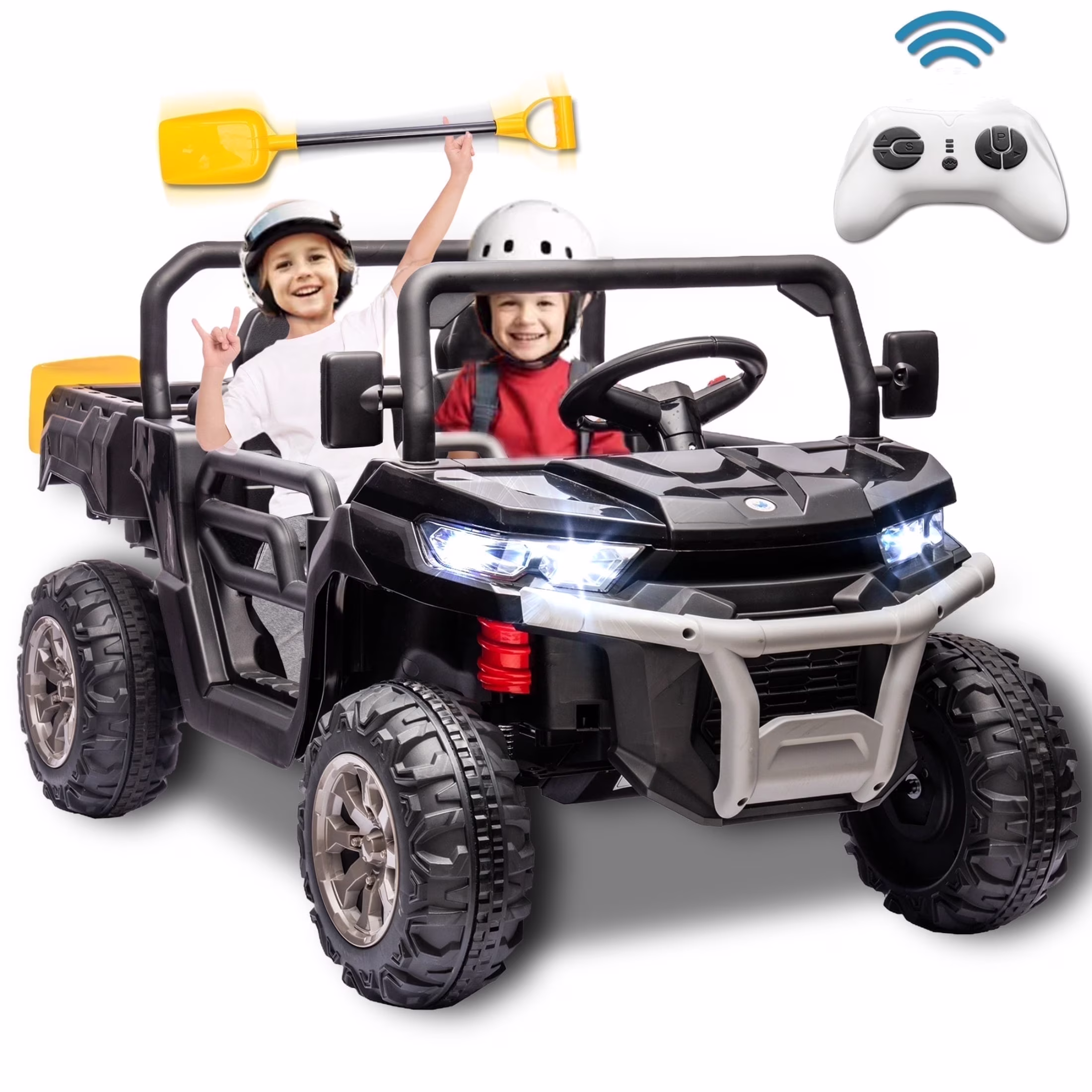 Xuanlur 24V 2 Seater Kids Ride on Car Truck, Ride on UTV W/ 2x200W Motor, 24 Volt Ride on Toys W/ Dump Bed/Shovel, Electric Car for Kids W/ Durable Tires, LED Light, Music, Remote Control, Black
