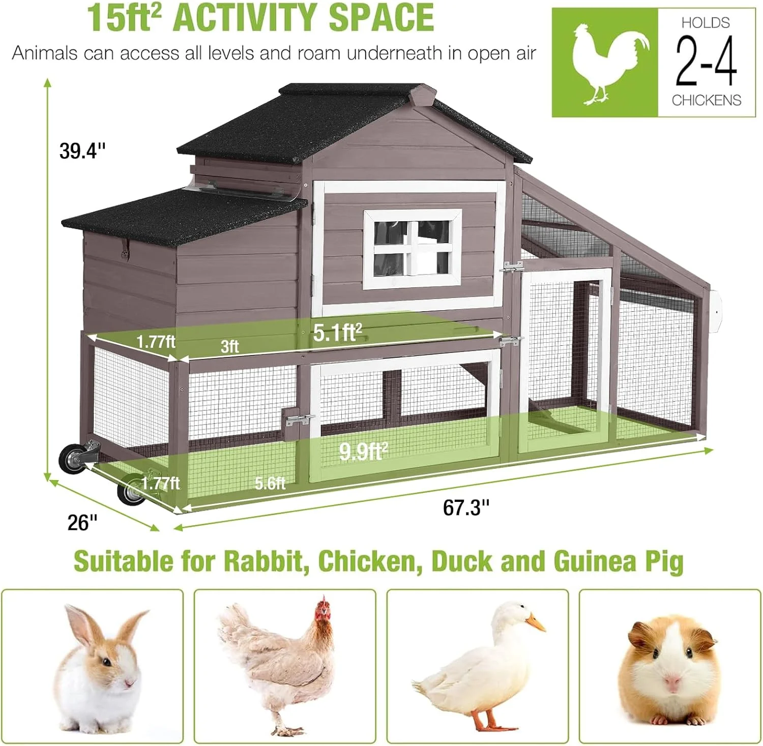BUTINGLALE Chicken Coop Mobile Chicken House On Wheel Outdoor Rabbit Hutch for 2-4 Chickens 67