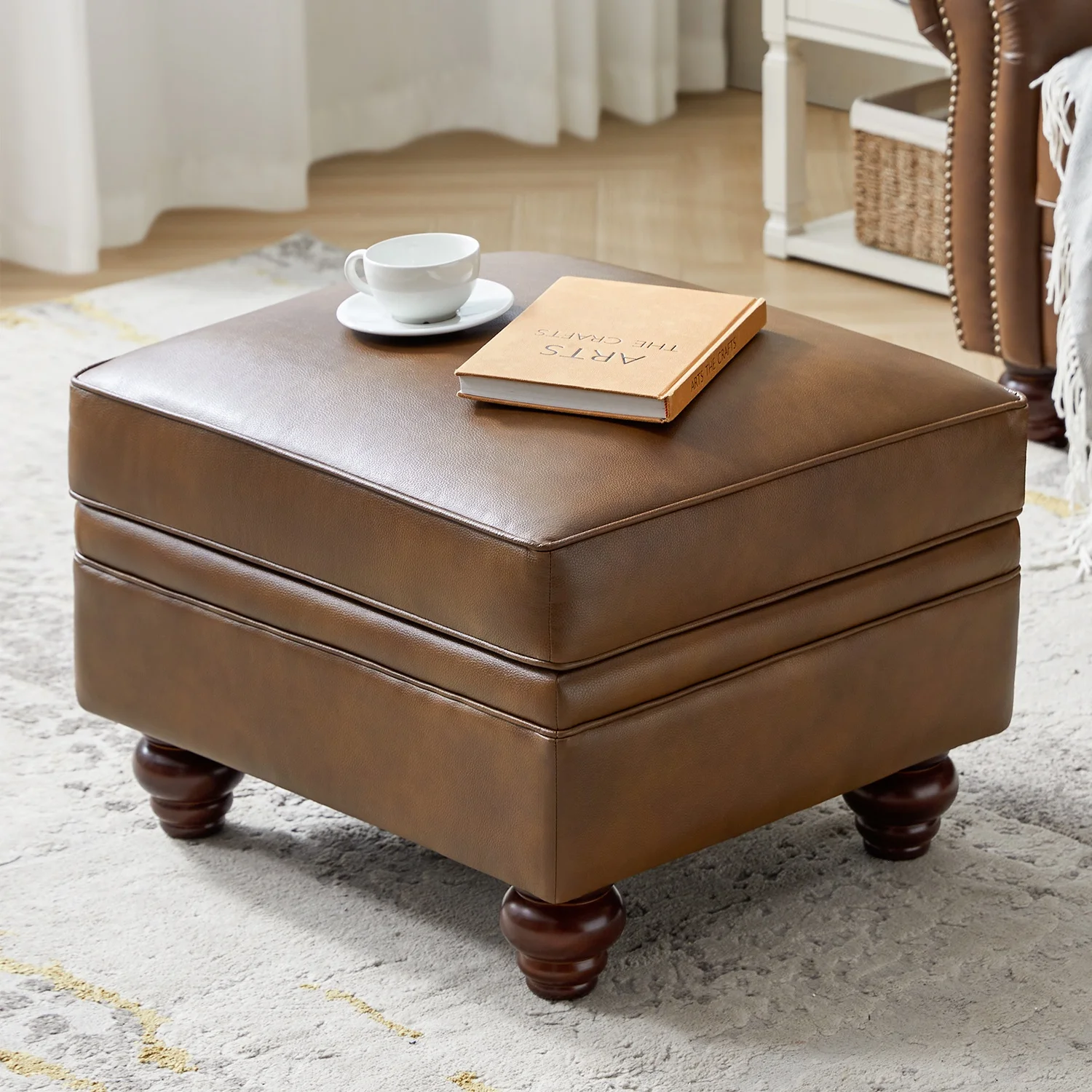 36'' Wide Blue Round Large Ottoman Tufted Coffee Table with Storage Wood Legs Home Living Room