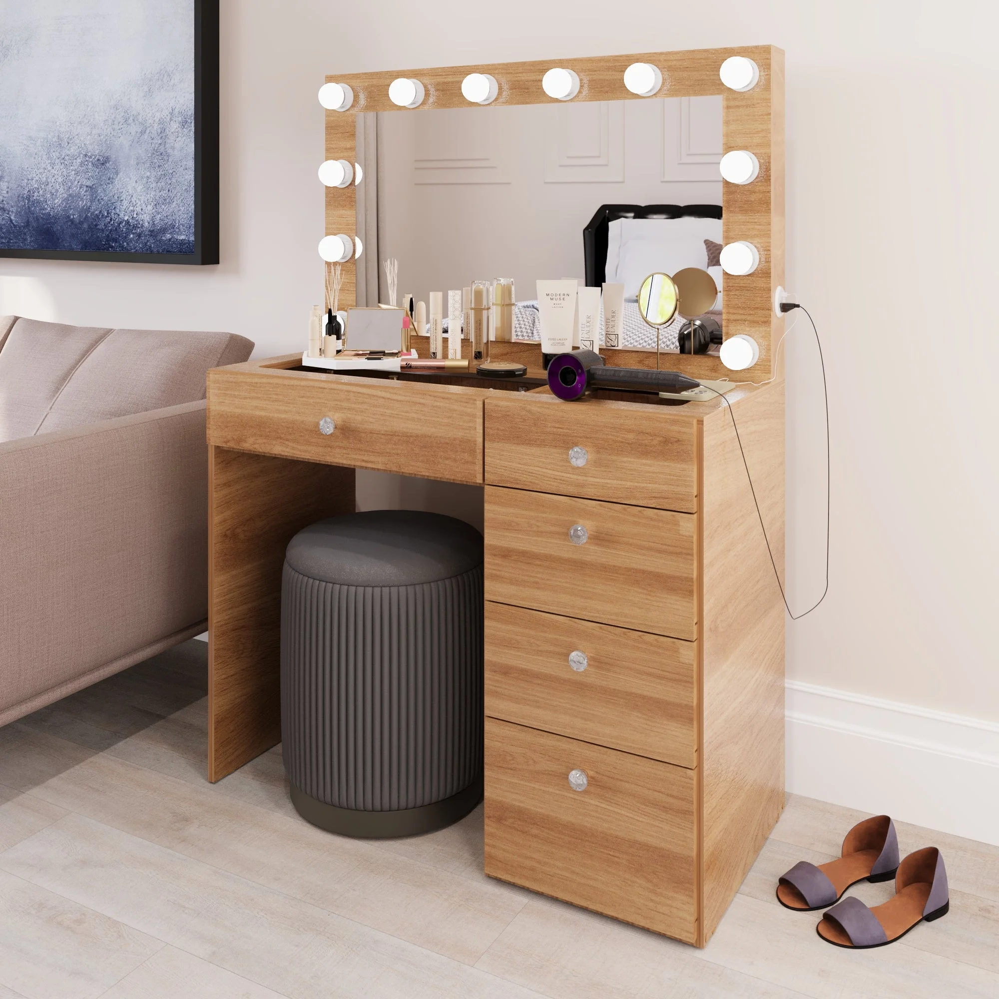 Ember Interiors Ghada Modern Brown Makeup Vanity Desk with Built-in Lights and USB Port for Bedroom