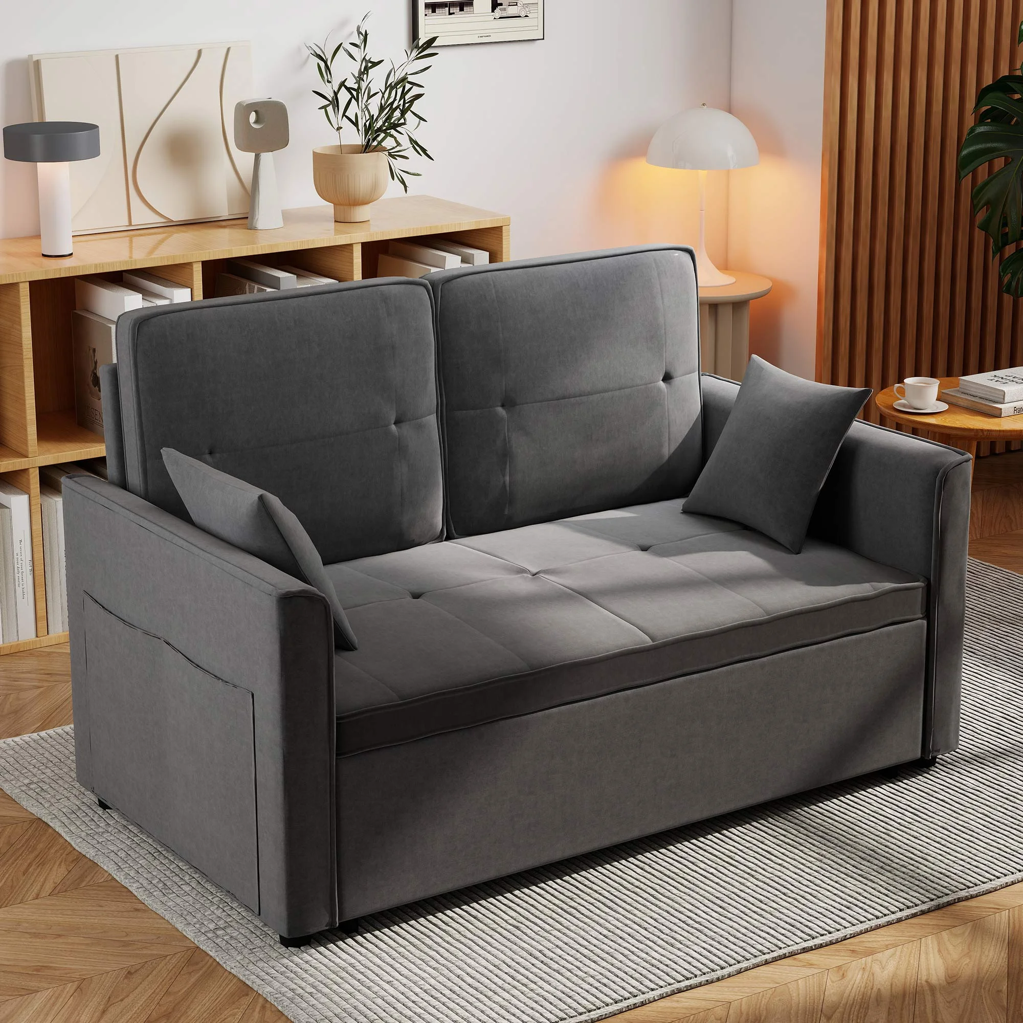 Convertible Sofa Bed,3-in-1 Sleeper Sofa with Pull Out Bed,Sleeper Futon Couch Loveseat with Adjsutable Backrest and Pillows for Living Room,Gray