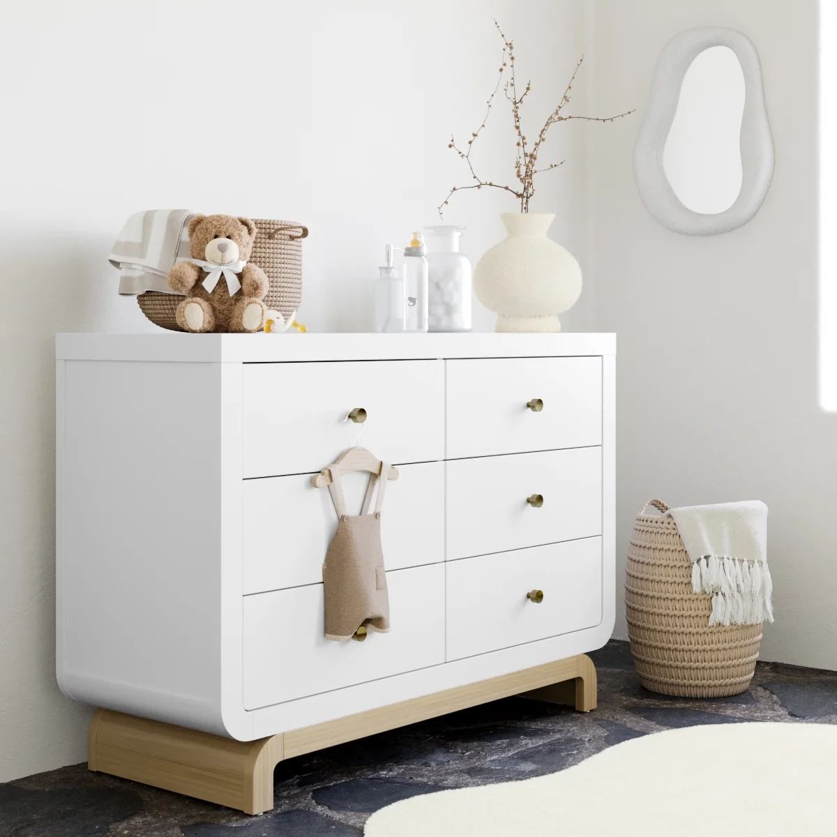 Storkcraft Santorini 6 Drawer Double Dresser, White/Driftwood