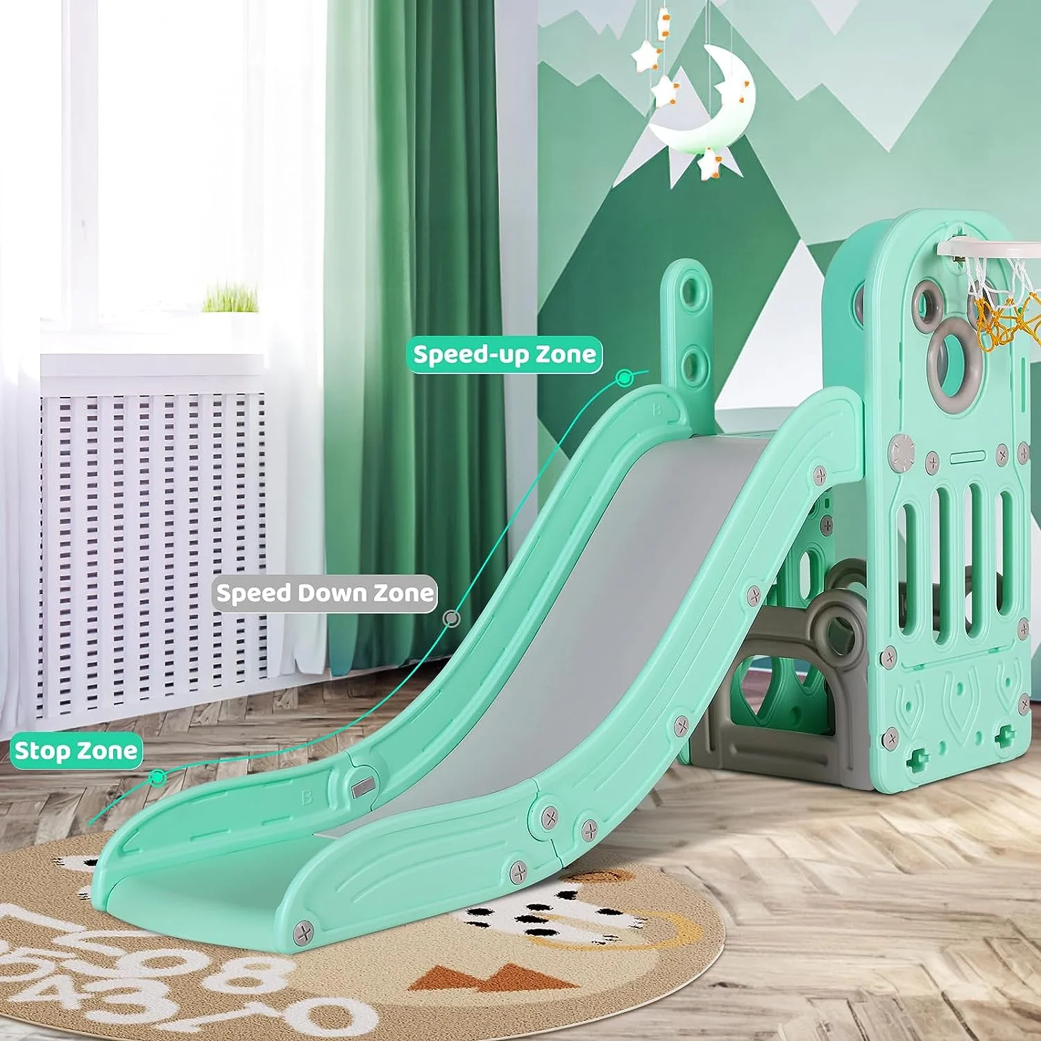 Arlopu Sturdy Toddler Slide with Basketball Hoop Plastic Kids Slide Climber with Anti-Slip Steps Indoor Outdoor Children Toy Playground