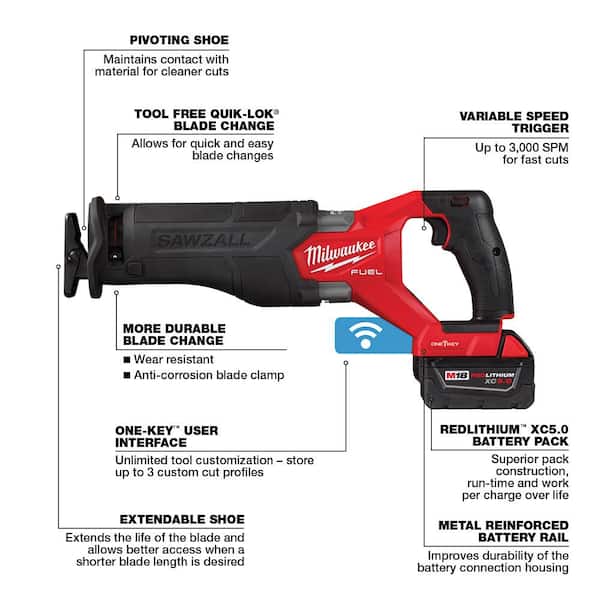 M18 FUEL ONE-KEY 18V Lithium-Ion Brushless Cordless SAWZALL Reciprocating Saw Kit with Two 5.0 Ah Batteries, Case