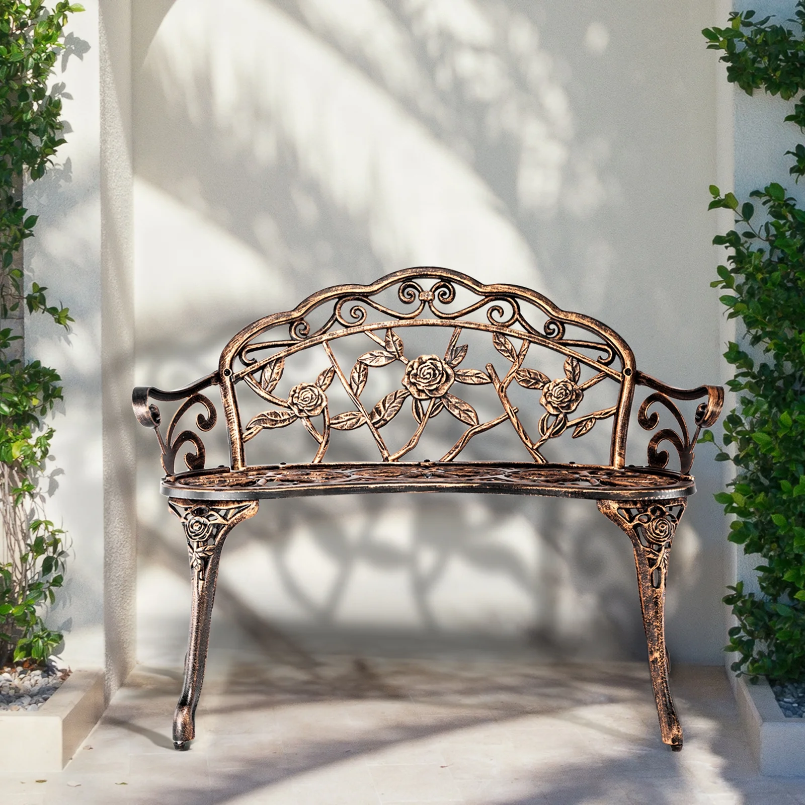 Ktaxon Outdoor Patio Park Garden Bench Courtyard Leisure Rose Cast Aluminum, Outdoor Loveset, Bronze