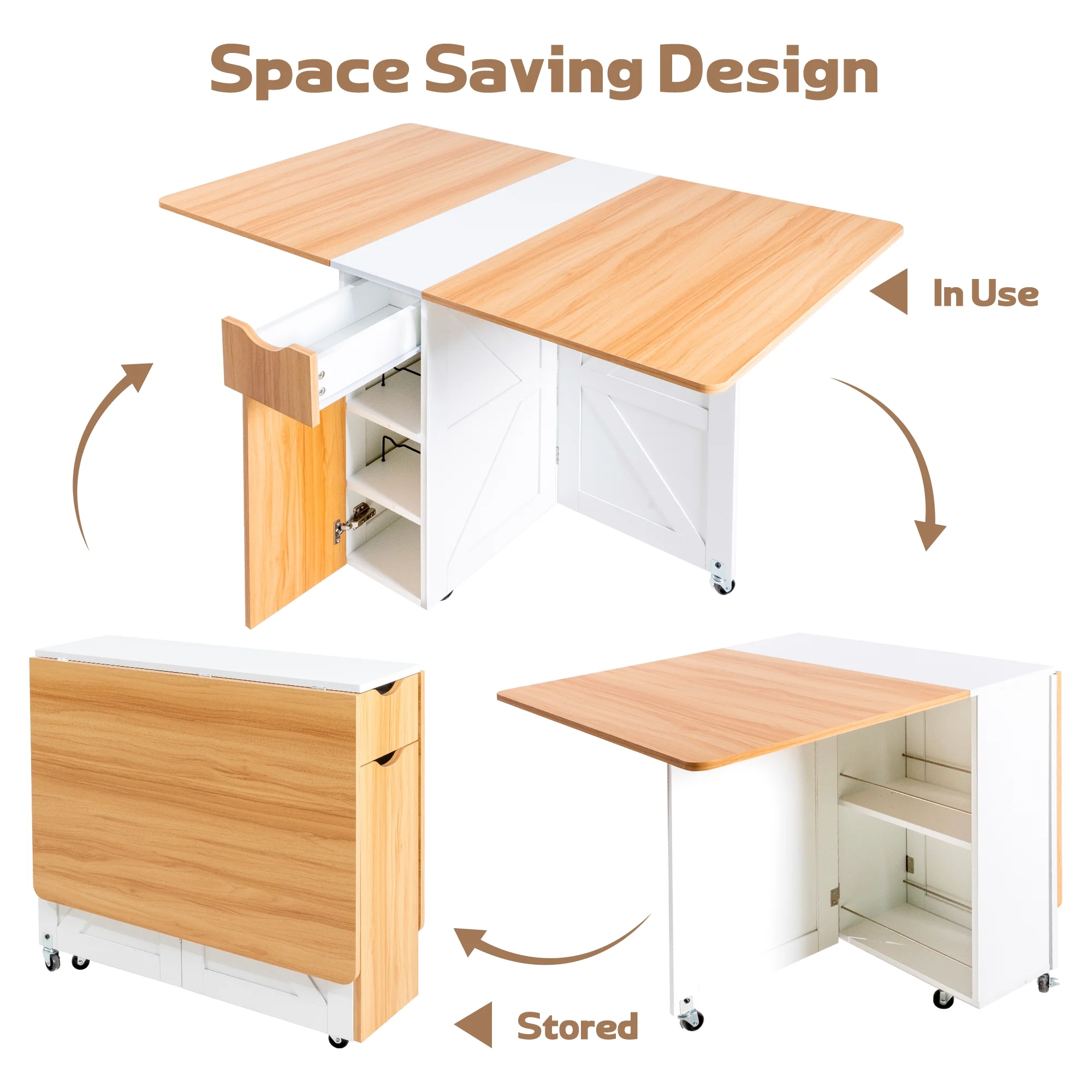 spanspace Folding Dining Table, Drop Leaf Dining Table with 6 Wheels and 2-Layer Storage Shelf, Space Saving Dining Table for Small Spaces,Folding Kitchen Table,White