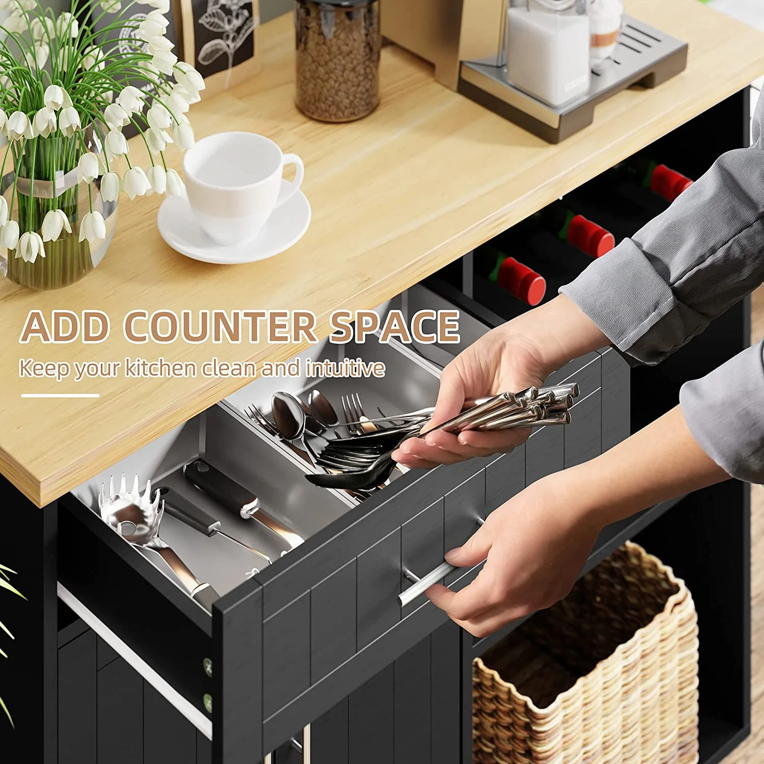 Sobaniilo Kitchen Island Cart with Storage, Rolling Side Table with Large Worktop, Towel Rack, Black