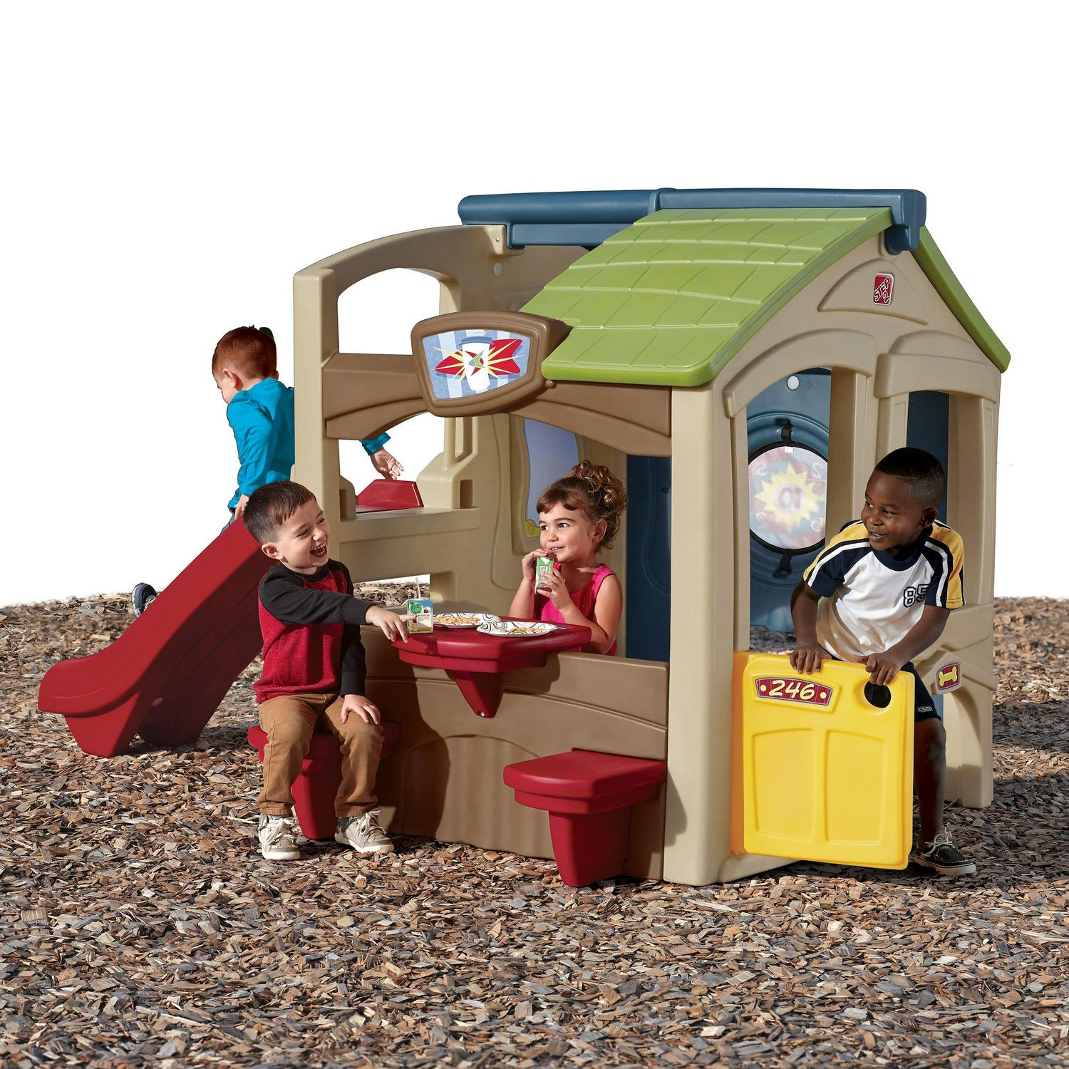 Step2 Neighborhood Fun Center Brown Playhouse with Slide Plastic Kids Outdoor Toys