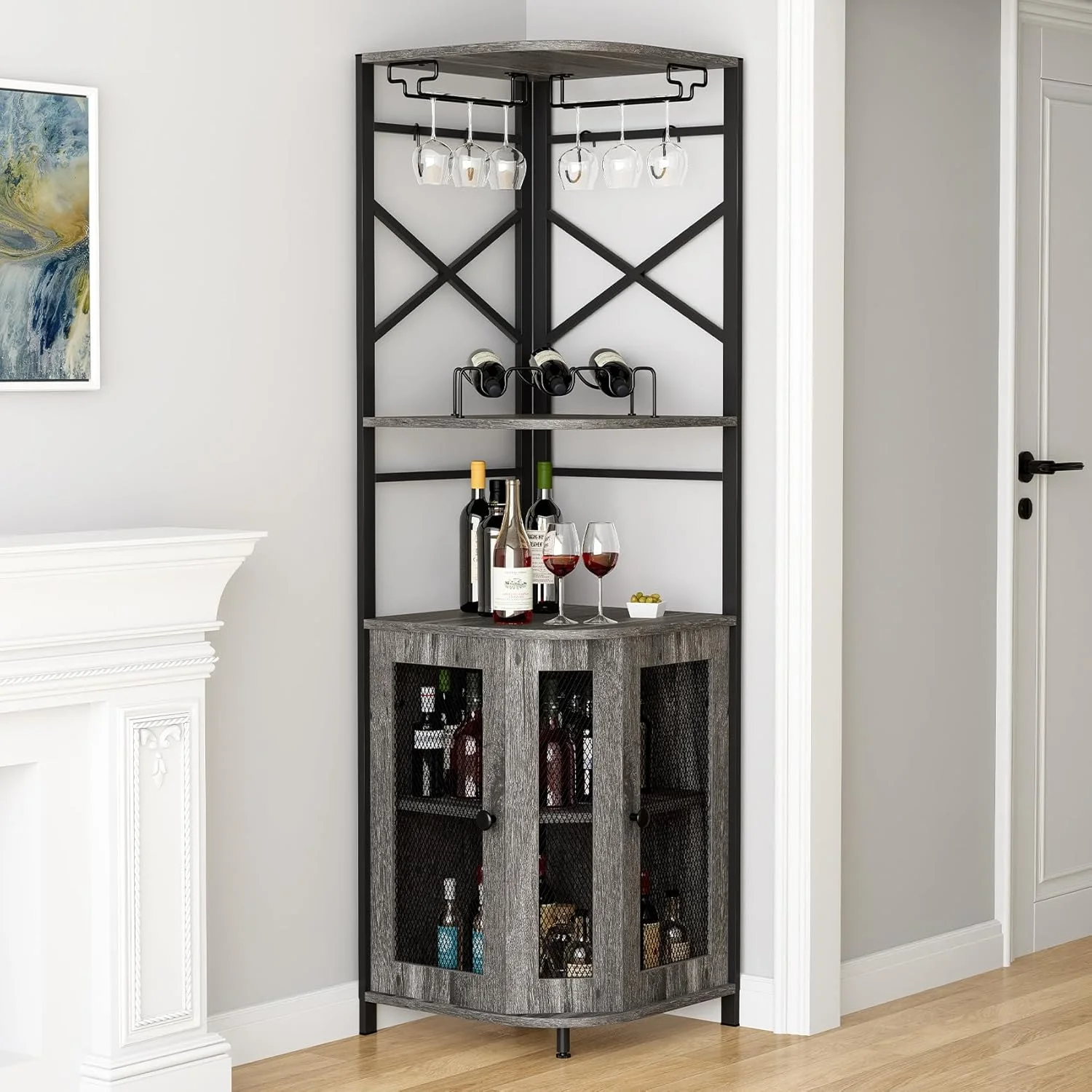 Frmobepts 6 Tier Corner Bar Cabinet with Glass Holder, Storage Cabinet with Door and Shelves , Corner Shelf with Wine Rack Display Shelves,Grey