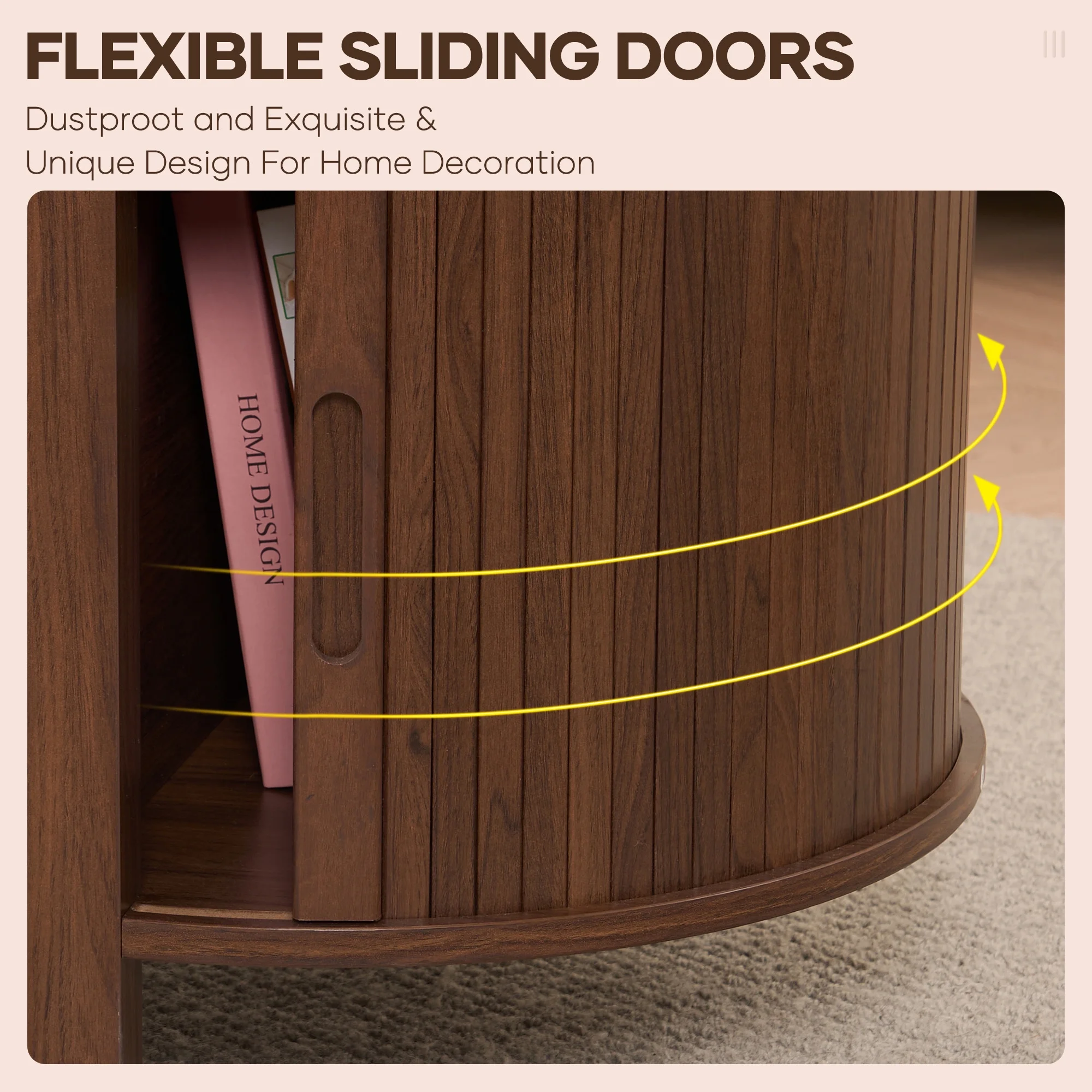 MARNUR Coffee Table with Storage, Tambour Sliding Door, Open Shelf, Mid Century Modern Center Table with Drawer for Living Room, Walnut