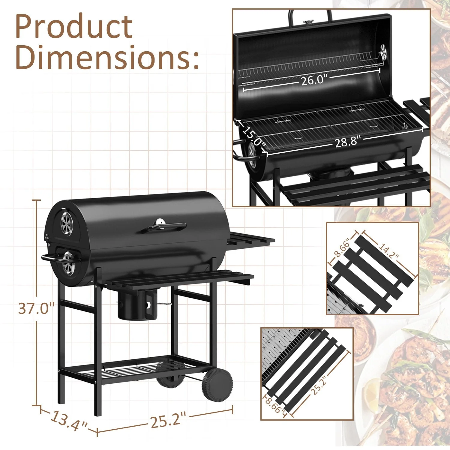 Vineego 29-Inch Charcoal Grill Outdoor BBQ Smoker Picnic Camping Patio Backyard Cooking, Black