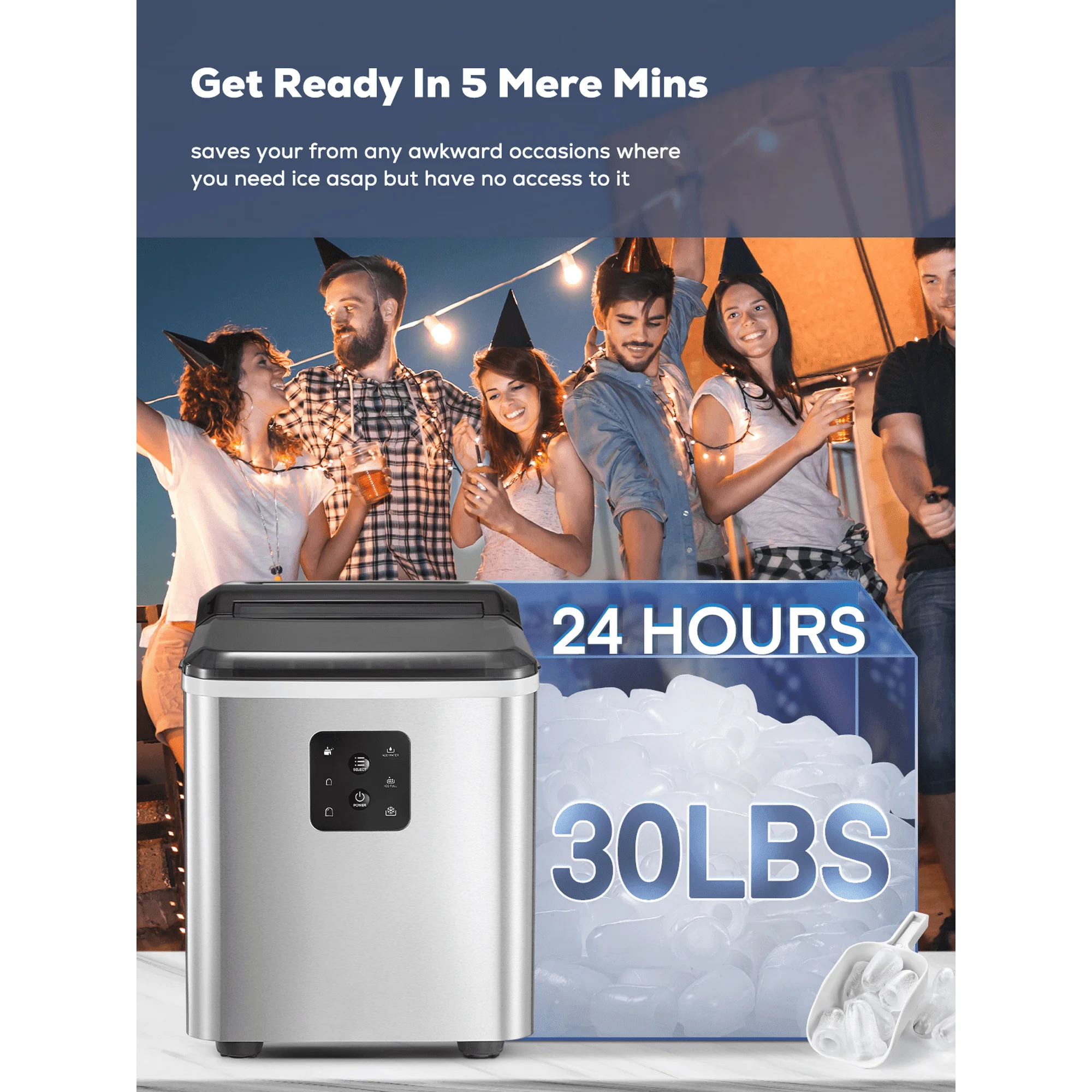 Stainless Steel Ice Makers Countertop 30lbs in 24h, 9 Bullet Cubes in 5 Mins, 2 Sizes, Self-Clean, FOHERE