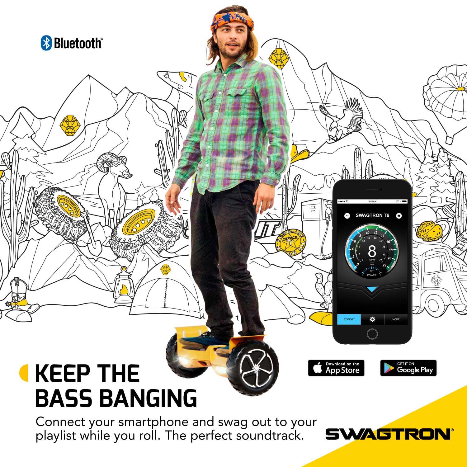 Swagtron Off-Road T6 Hoverboard. 420 lb Weight Limit. Black. Bluetooth Speaker. 10 Inch Wheel 12 Mph UL-Compliant