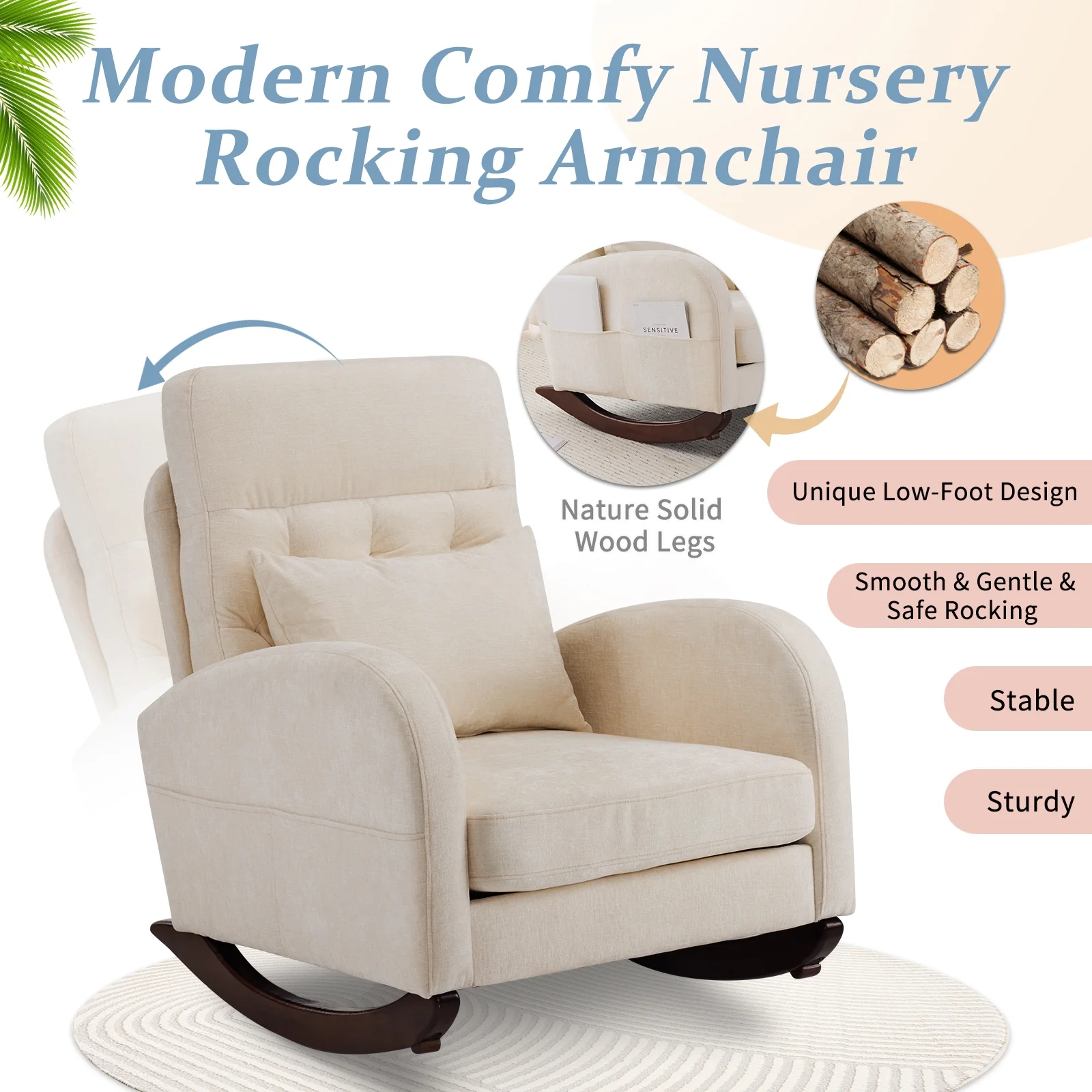 Ktaxon Rocking Accent Chair Glider Reading Chair Comfy Teddy Velvet Upholstered Single Sofa Rocker for Living Room, Nursery, Bedroom Beige