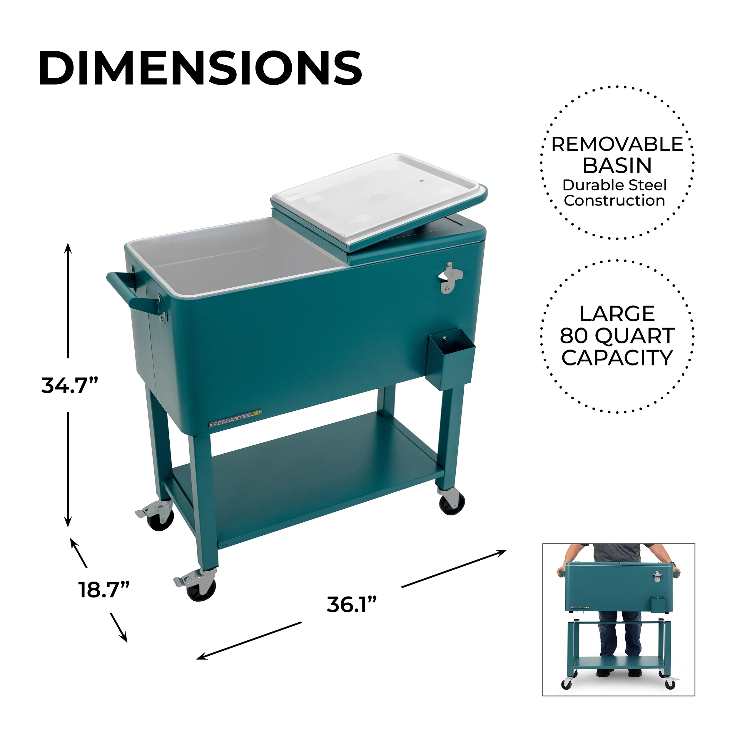 Permasteel 80-Qt Outdoor Steel Patio Cooler with Removable Basin, Rolling Cooler with Wheels, Teal Green