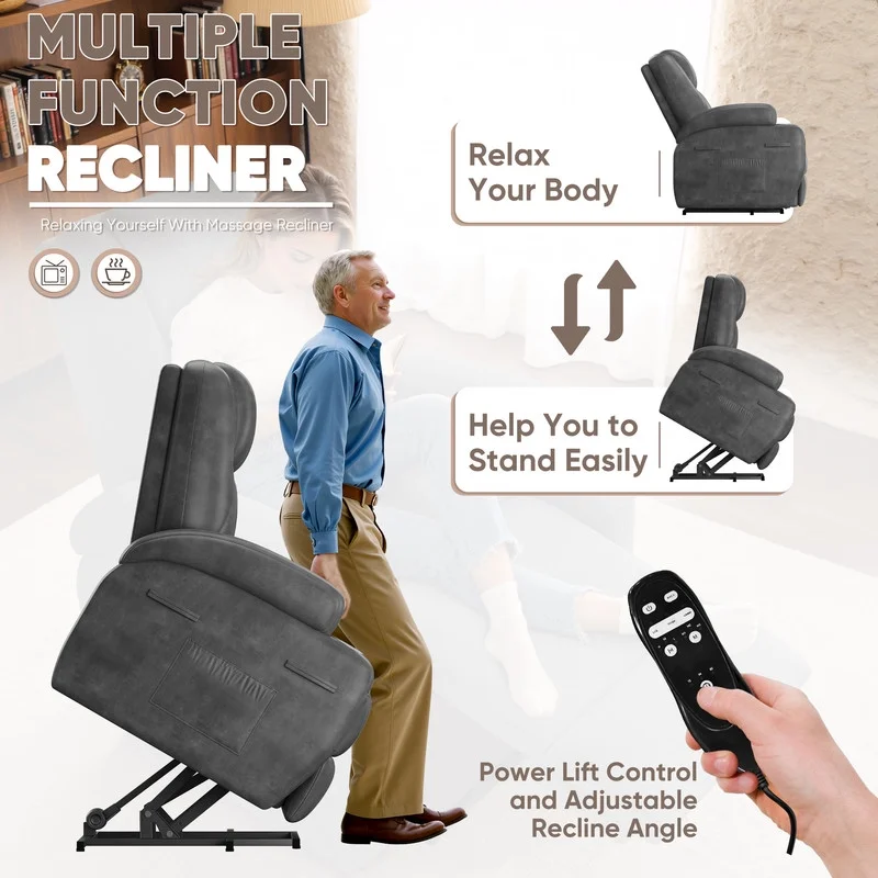 Lacoo power lift electric Massage recliner chair Oversized Single Sofa with Cup Holder for elderly,Black