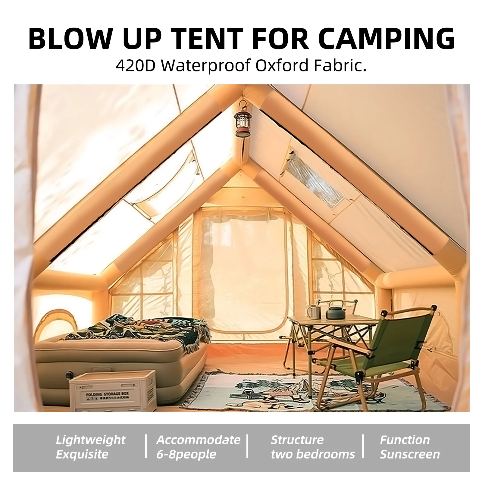 SENLEETO 8-10 People Glamping Inflatable Tents , 129 ft2 Large Blow Up  Tent with Hand Pump,  420D Oxford Fabric Camping Tent, Easy Setup Air Tent for Outdoor&Travel