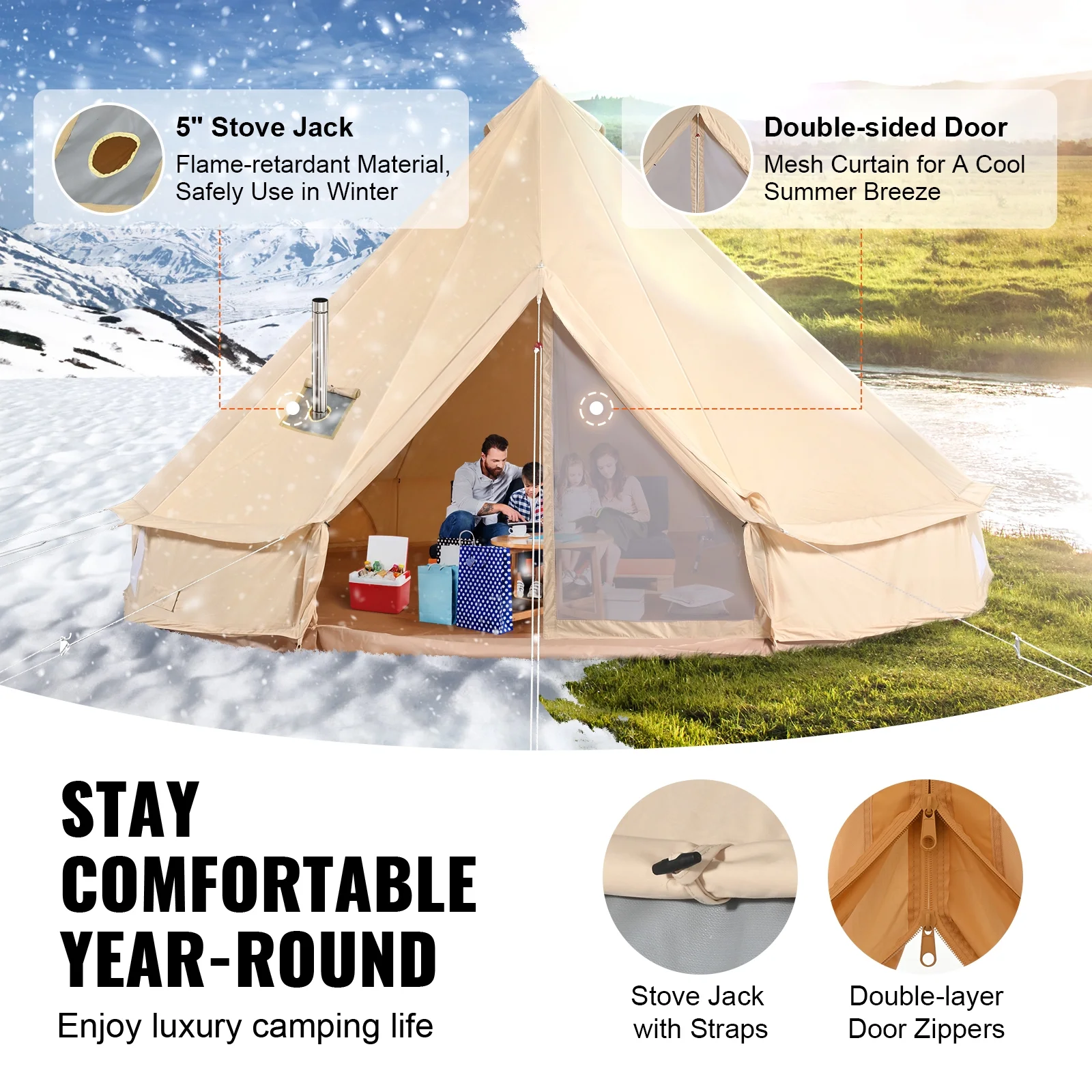 KFFKFF Fabric Yurt Shelter, Quadruple Season 6m/19.68ft Camping Tent, Equipped with Stove Jack, Airy Shelter Accommodates Maximum 10 Individuals, Suitable for Family Outdoor Expedition