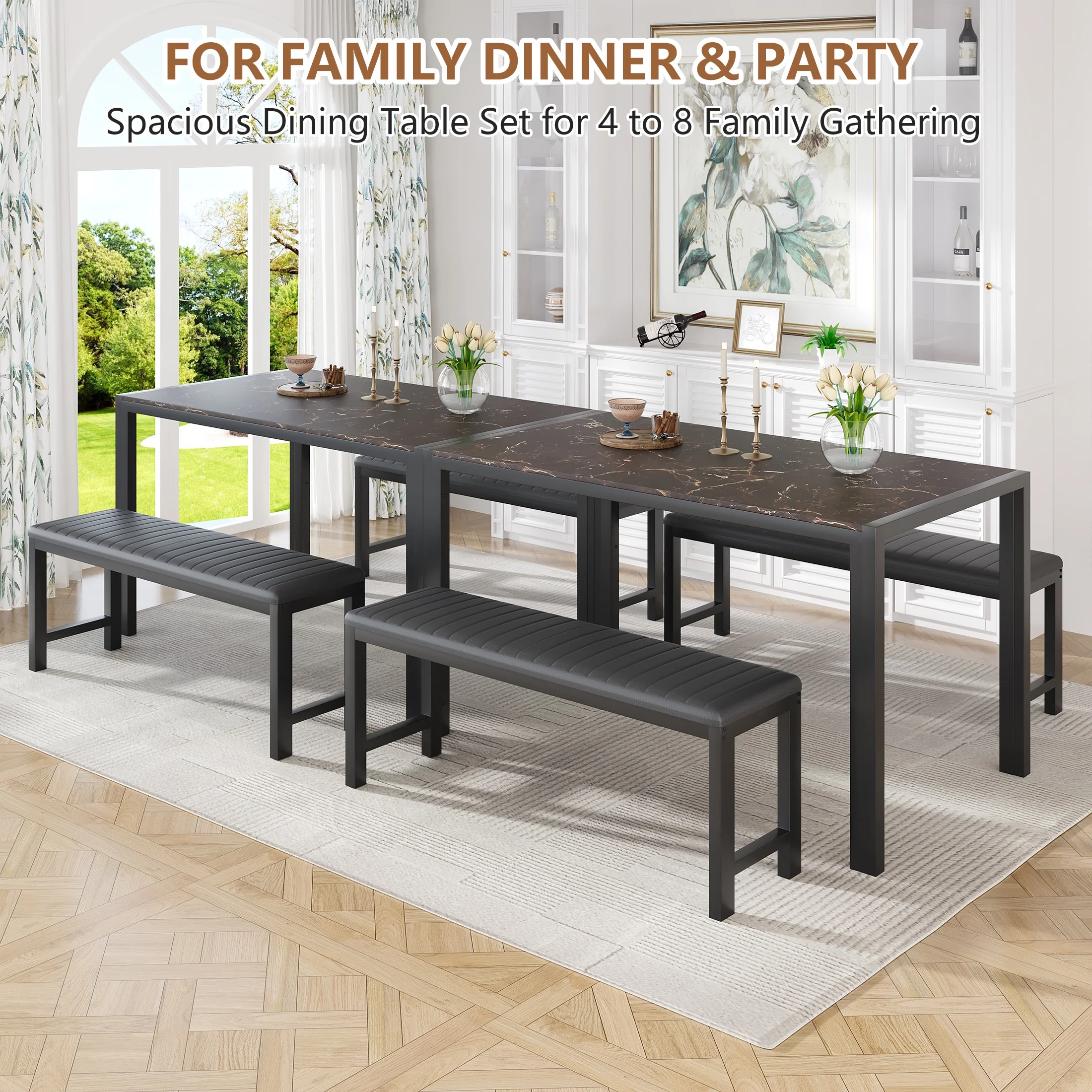 UHOMEPRO Dining Room Table Set, 3-Piece Dining Table Set with 2 Benches, Kitchen Table Set for 4 with Metal Frame, Modern Dining Room Set Furniture Set for Bar Dining Room Breakfast Nook, Black