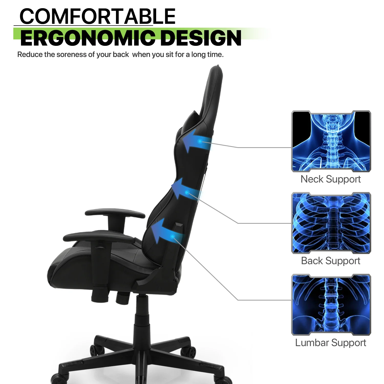 Magshion Ergonomic Gaming Chair, Comfortable Gaming Chair, Computer Chair Leather Desk Chair Adjustable Swivel Gaming Office Chair, Blue