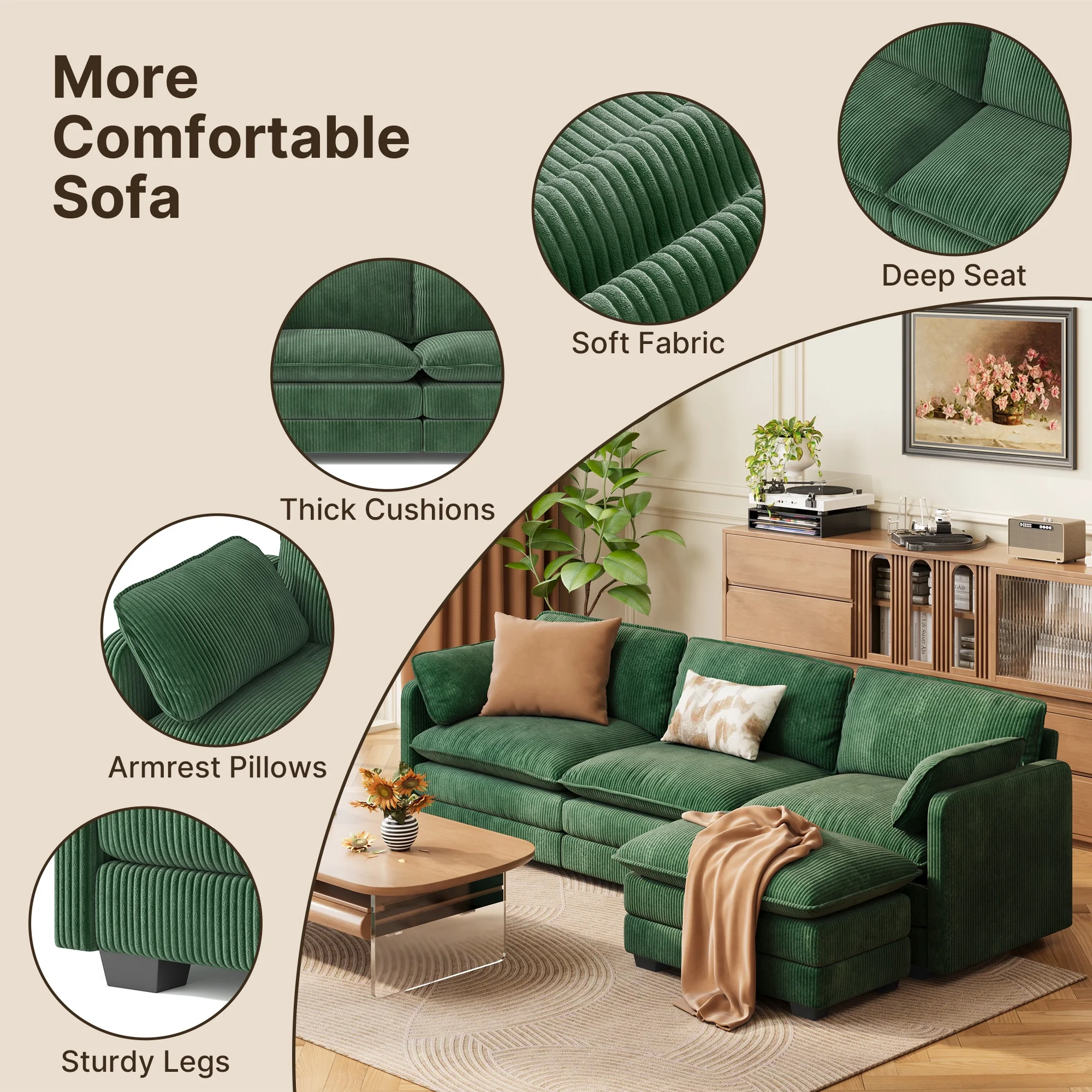 Lofka 110�� Modular Sectional Sofa Bed with Double Layer Cushions and Movable Ottoman, Modern Comfy Cloud Couch for Living Room, DIY Combination, Green