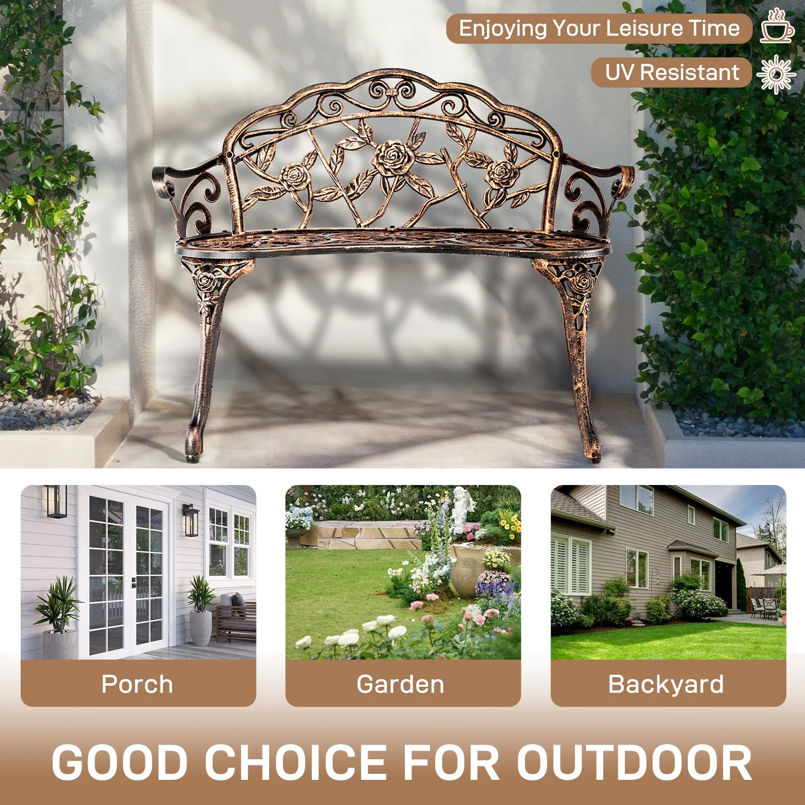 Ktaxon Outdoor Patio Park Garden Bench Courtyard Leisure Rose Cast Aluminum, Outdoor Loveset, Bronze