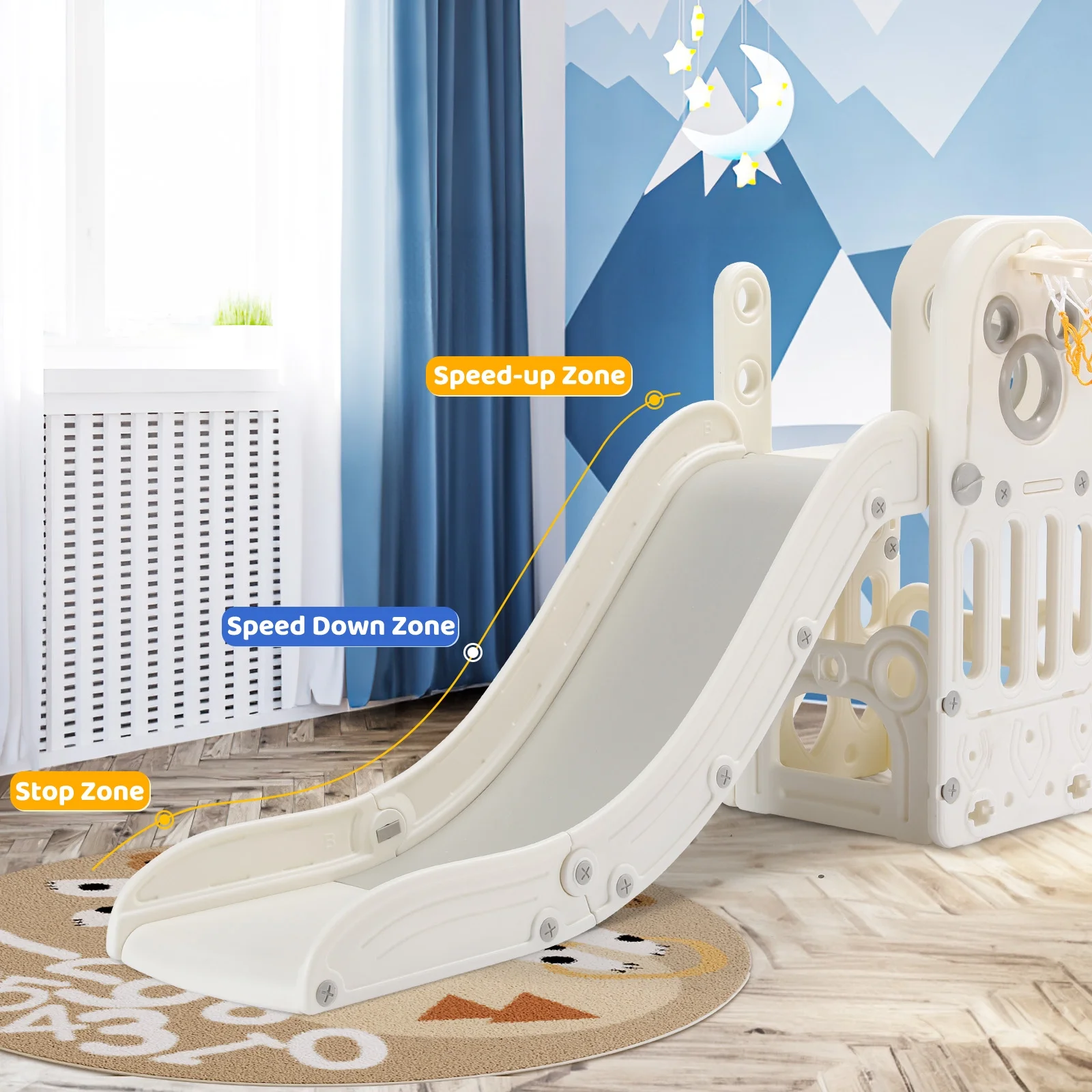 Arlopu Sturdy Toddler Slide with Basketball Hoop Plastic Kids Slide Climber with Anti-Slip Steps Indoor Outdoor Children Toy Playground