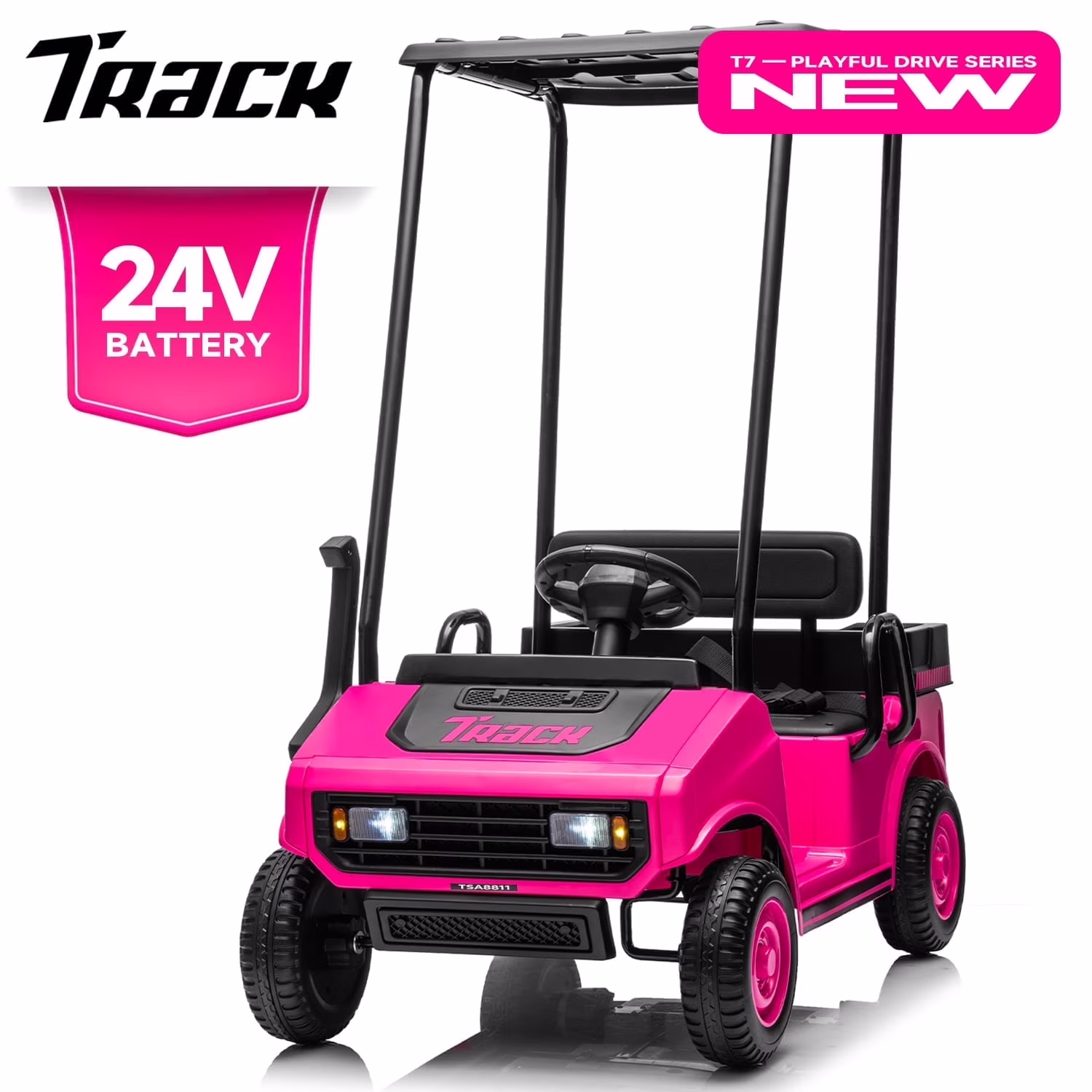 Track Seven 24V Ride on Car, Electric Golf Cart with Ceiling, Ride on Truck with Remote Control, Music, Rear Storage Box, Electric Car for Boys Girls Age 3+, 18.5
