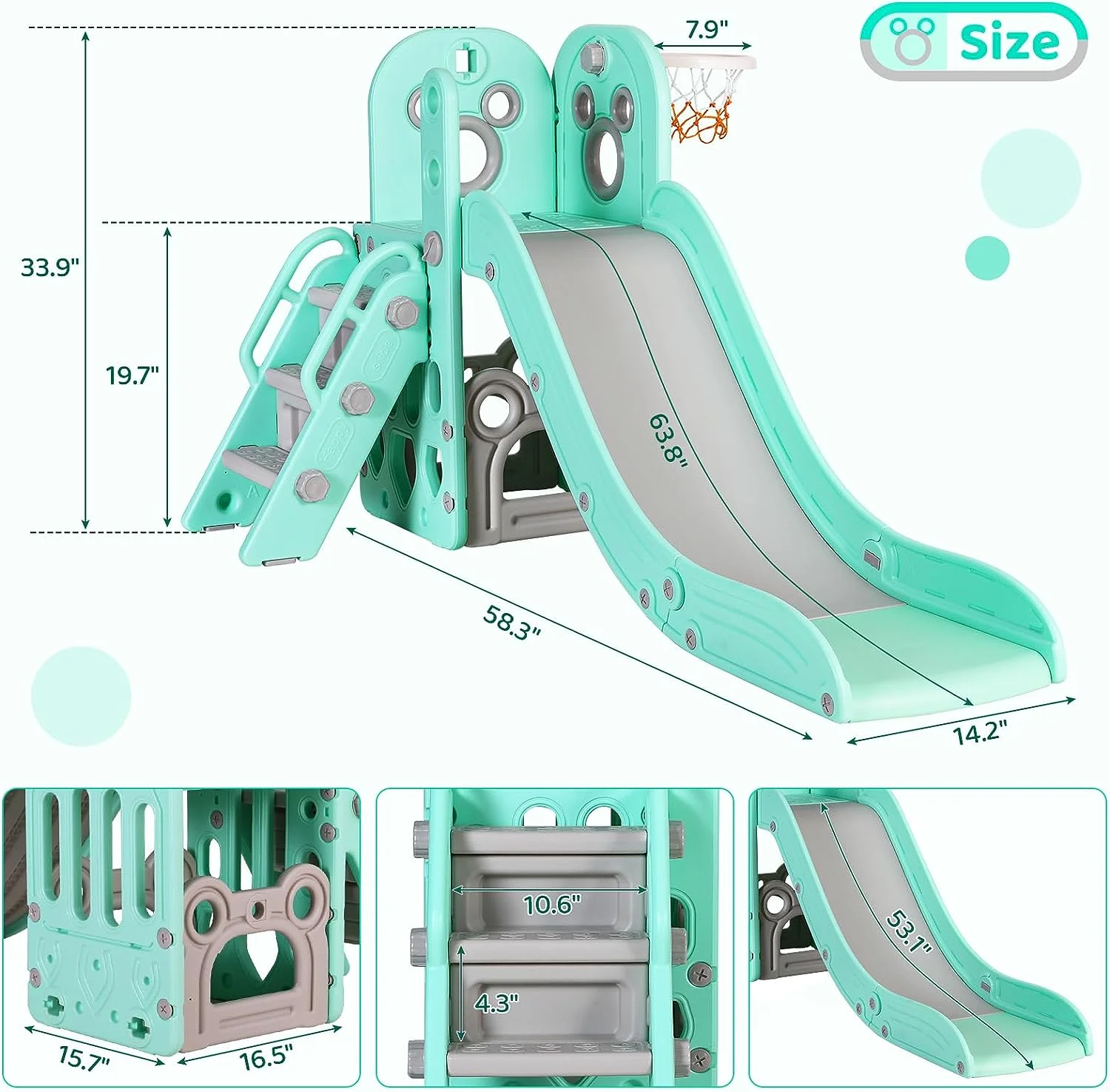 Arlopu Sturdy Toddler Slide with Basketball Hoop Plastic Kids Slide Climber with Anti-Slip Steps Indoor Outdoor Children Toy Playground