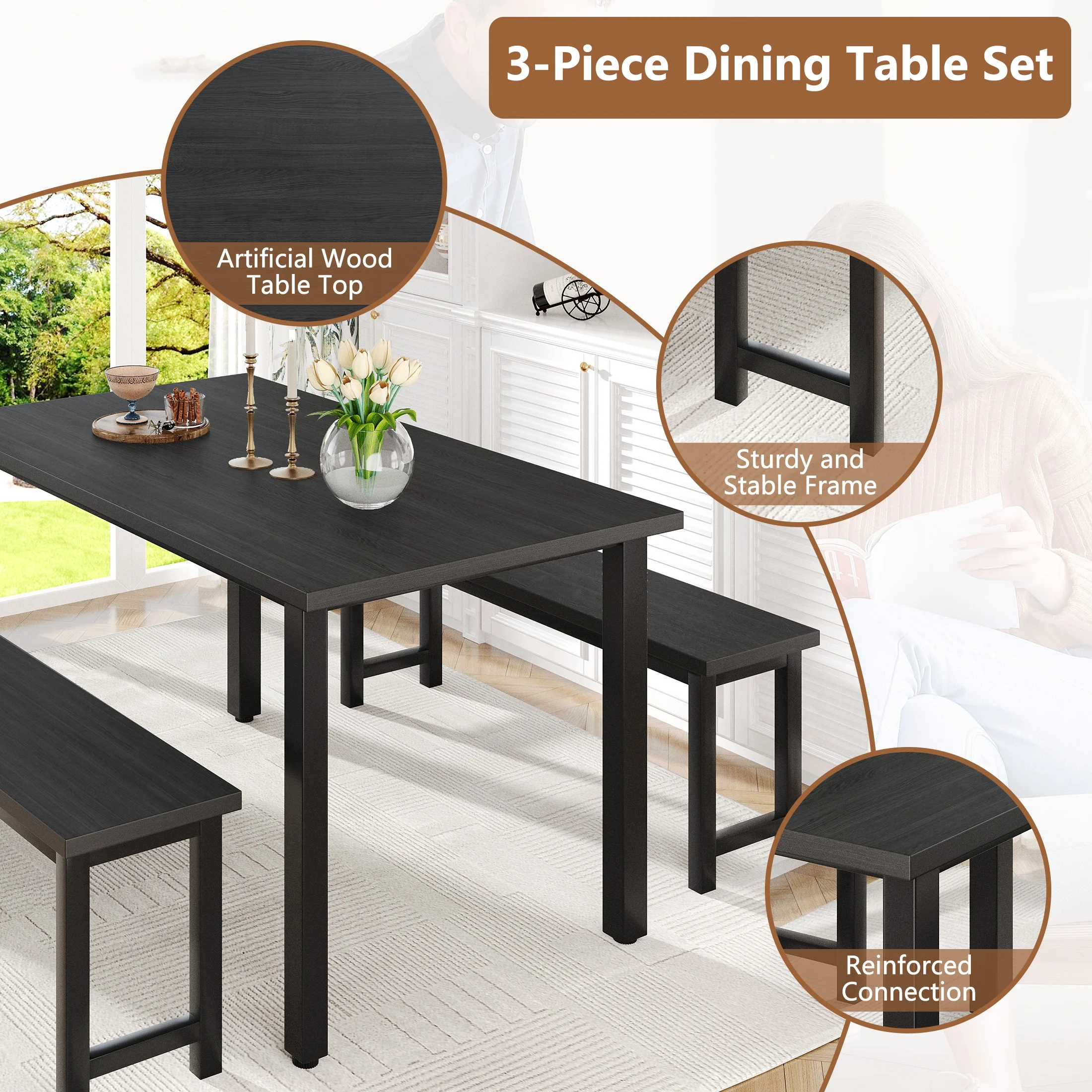 UHOMEPRO Dining Room Table Set, 3-Piece Dining Table Set with 2 Benches, Kitchen Table Set for 4 with Metal Frame, Modern Dining Room Set Furniture Set for Bar Dining Room Breakfast Nook, Black