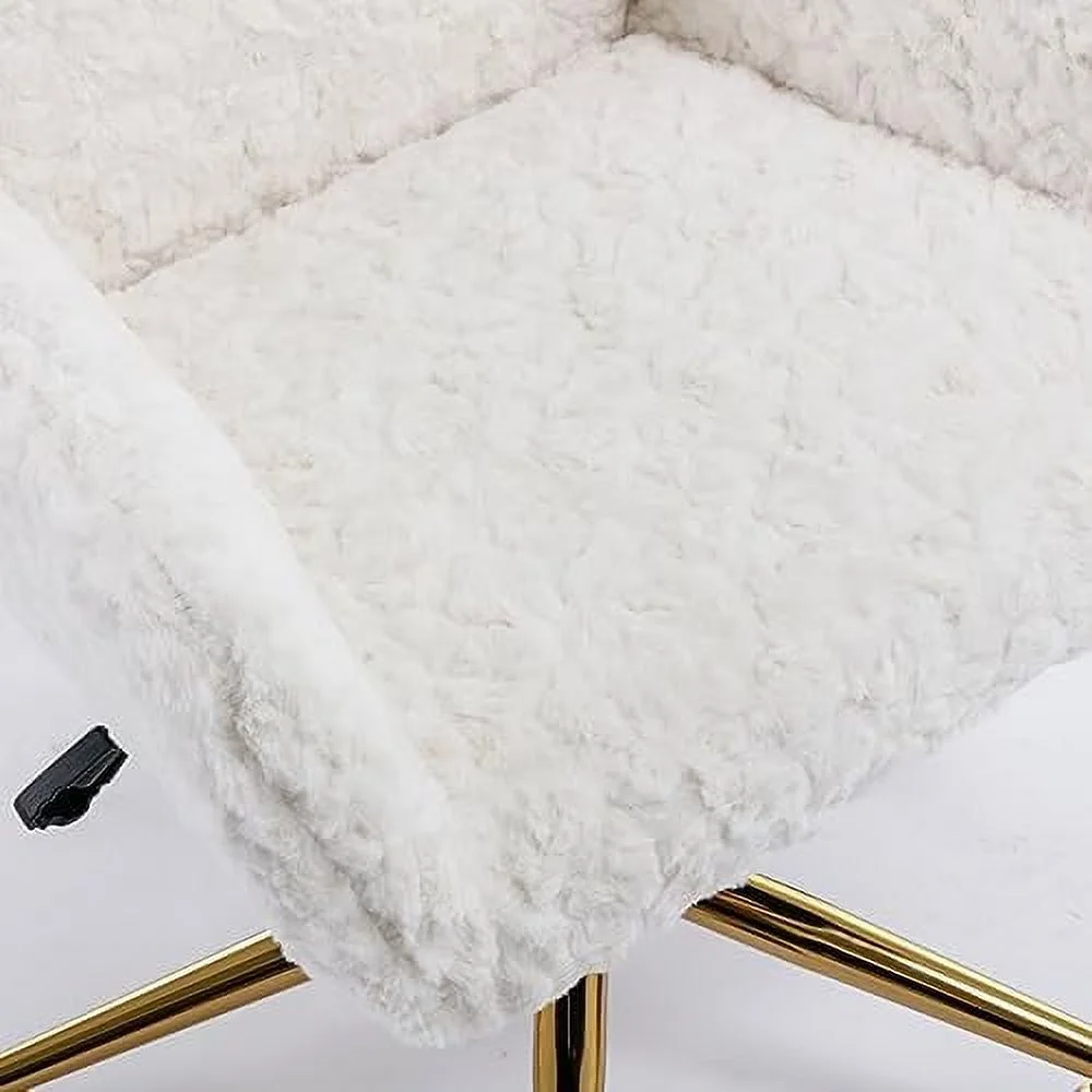 Fluffy Desk Chair,Height Adjustable Vanity Chair with Wheels,Comfortable Faux Fur Desk Chair with goldenn Base, Arm Chair for Bedroom,Living Room,Vanity,Office
