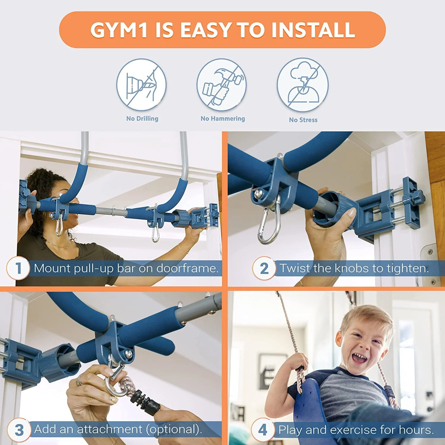 Gym1 - Deluxe Indoor Doorway Gym for Kids Playground Set - All in One Gym Set - Four Ways of Fun: Blue Indoor Swing, Plastic Rings, Climbing Ladder, and Pull Up Bar