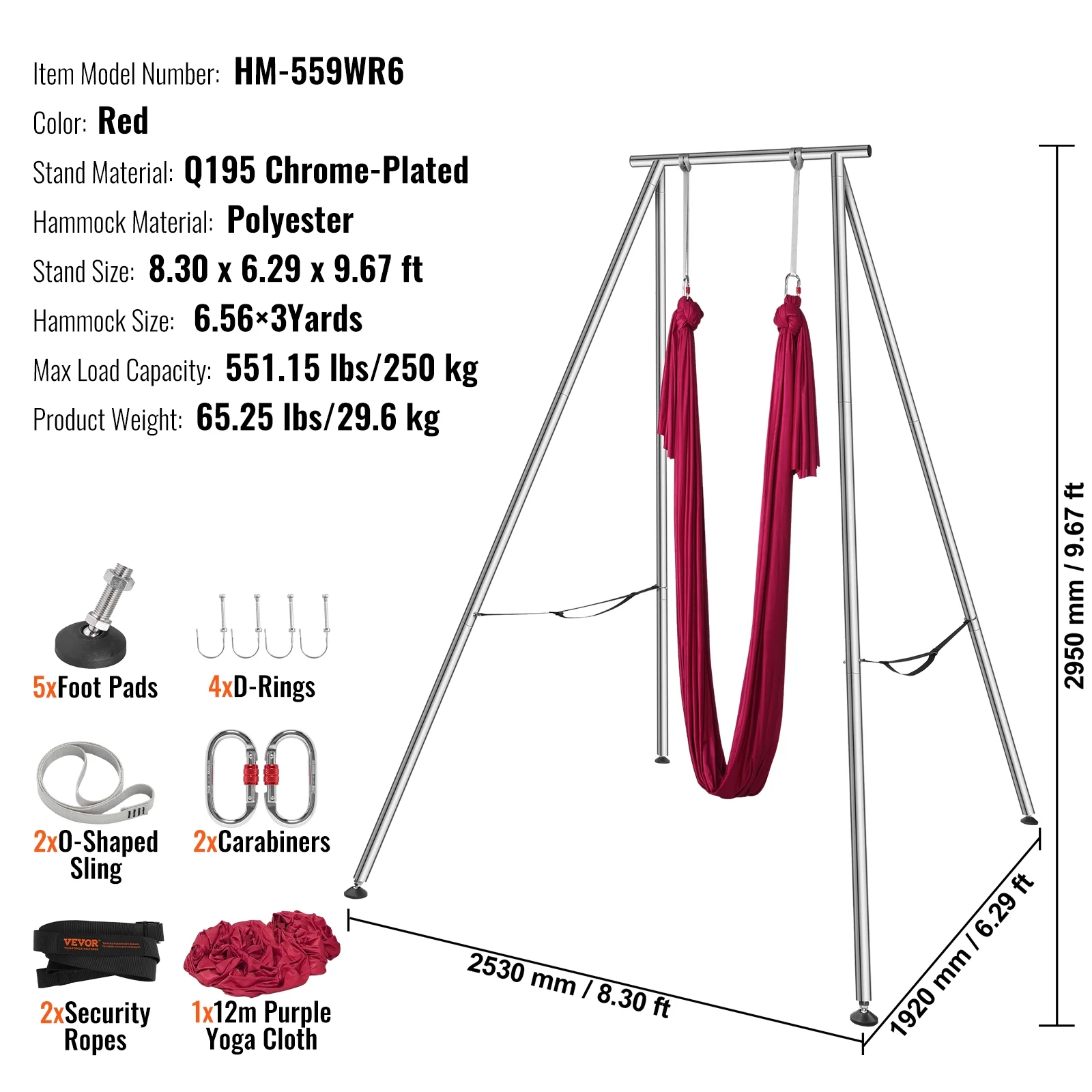 KFFKFF 551.15 lbs Yoga Swing Stand Hammock Aerial Silk Kit Load Yoga Frame Red