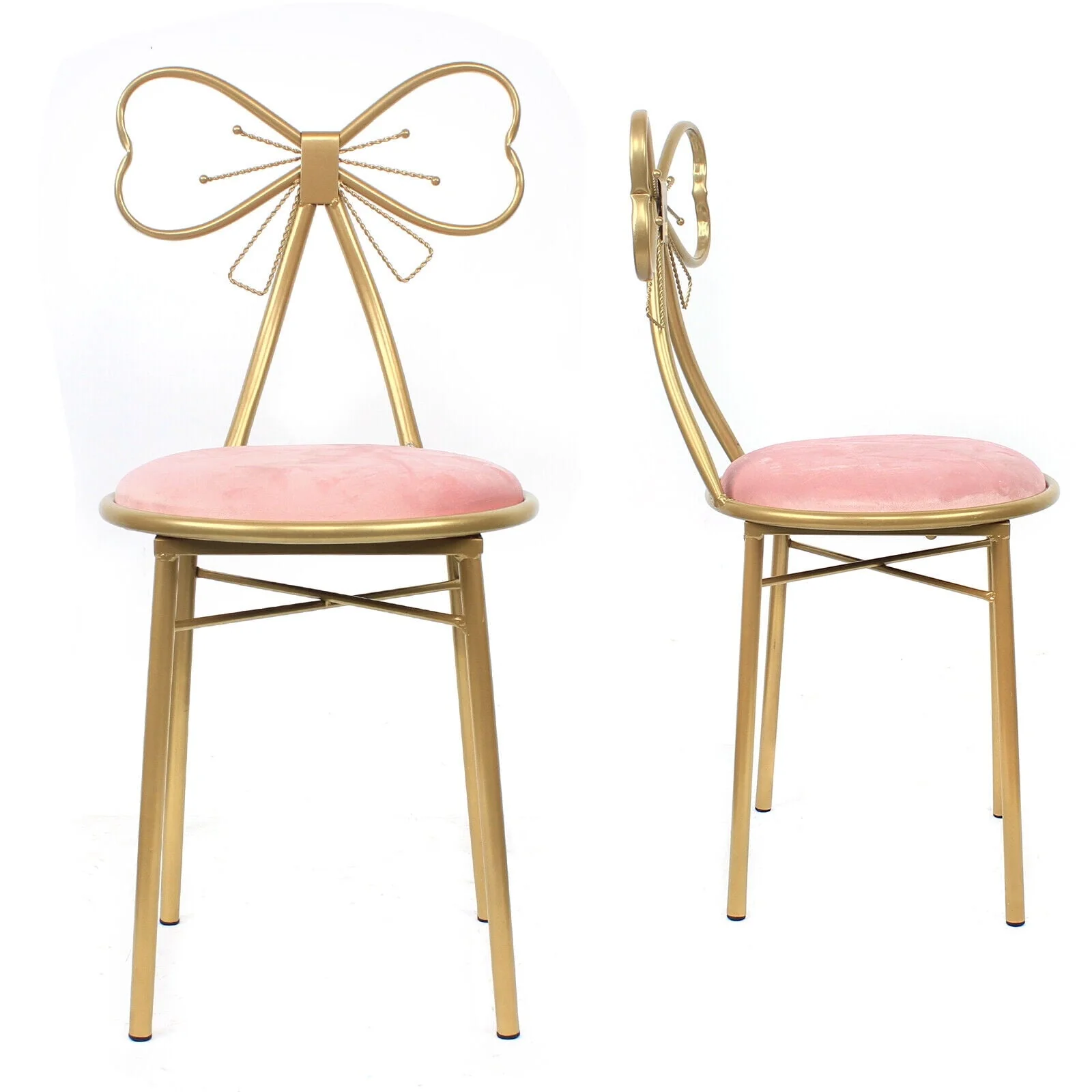 Vanity Stools, Metal Pink and Gold Bow Tie Makeup Dressing Stool Chair for Dressing Room Bedroom