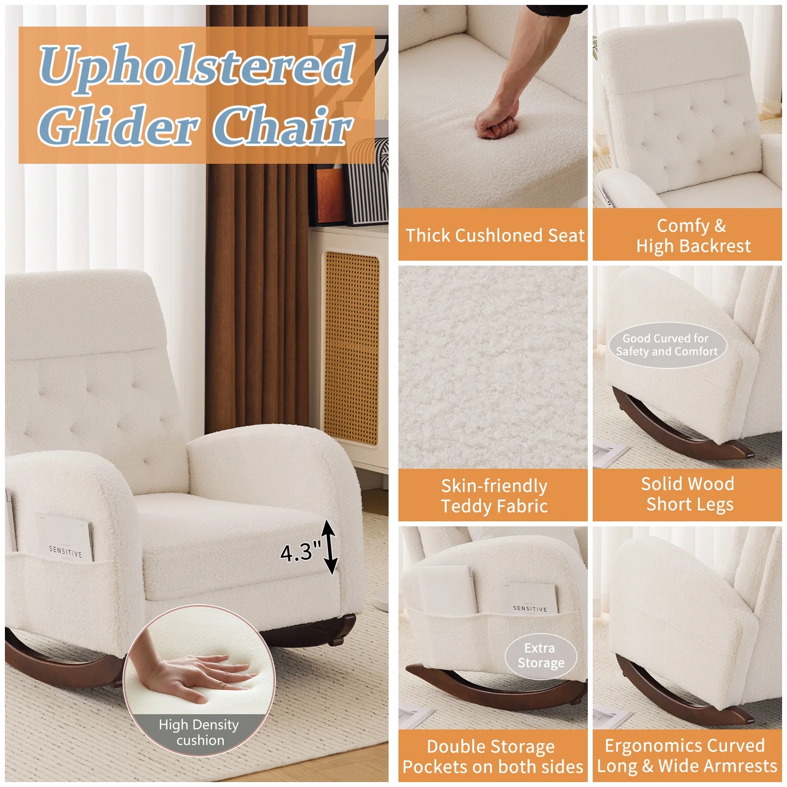 Ktaxon Rocking Accent Chair Glider Reading Chair Comfy Teddy Velvet Upholstered Single Sofa Rocker for Living Room, Nursery, Bedroom Beige