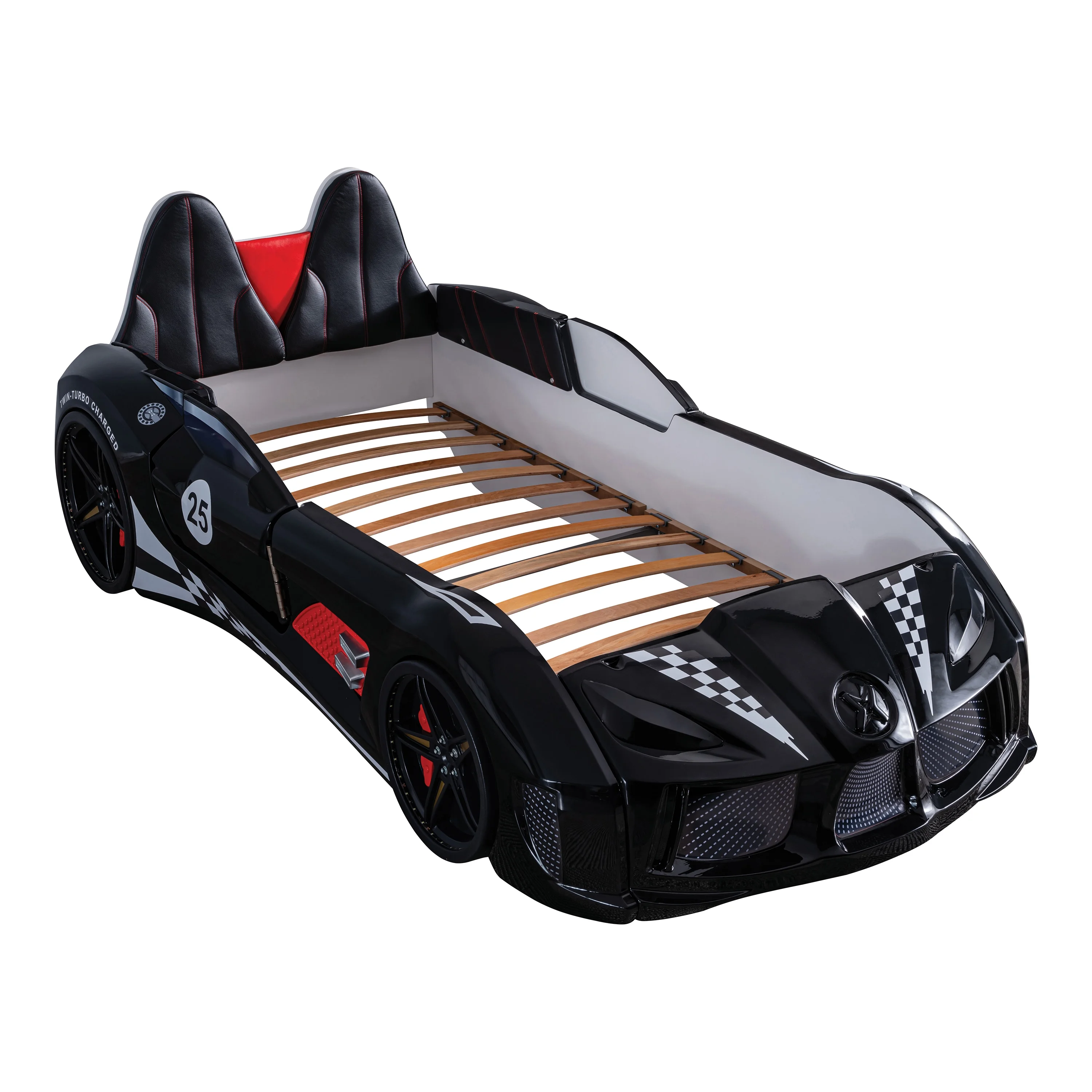 Furniture of America Dash Kids Plastic Twin Race Car Bed with LED and Sound, White