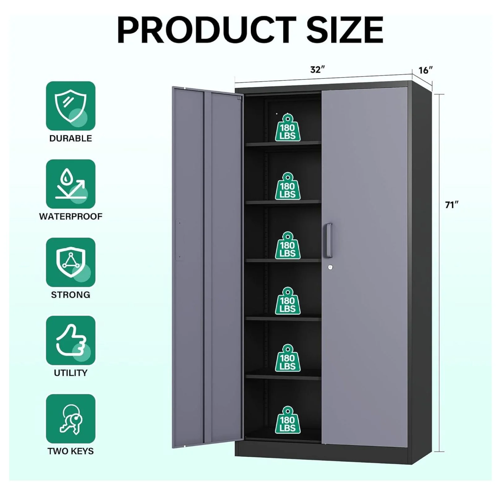 KriKac Metal Storage Cabinets with Lock Doors,Tall Locker Organizer Steel Garage Cabinets, 5 Adjustable Layers Shelves for Home, Office, Warehouse,Tool,Industrial(Black)