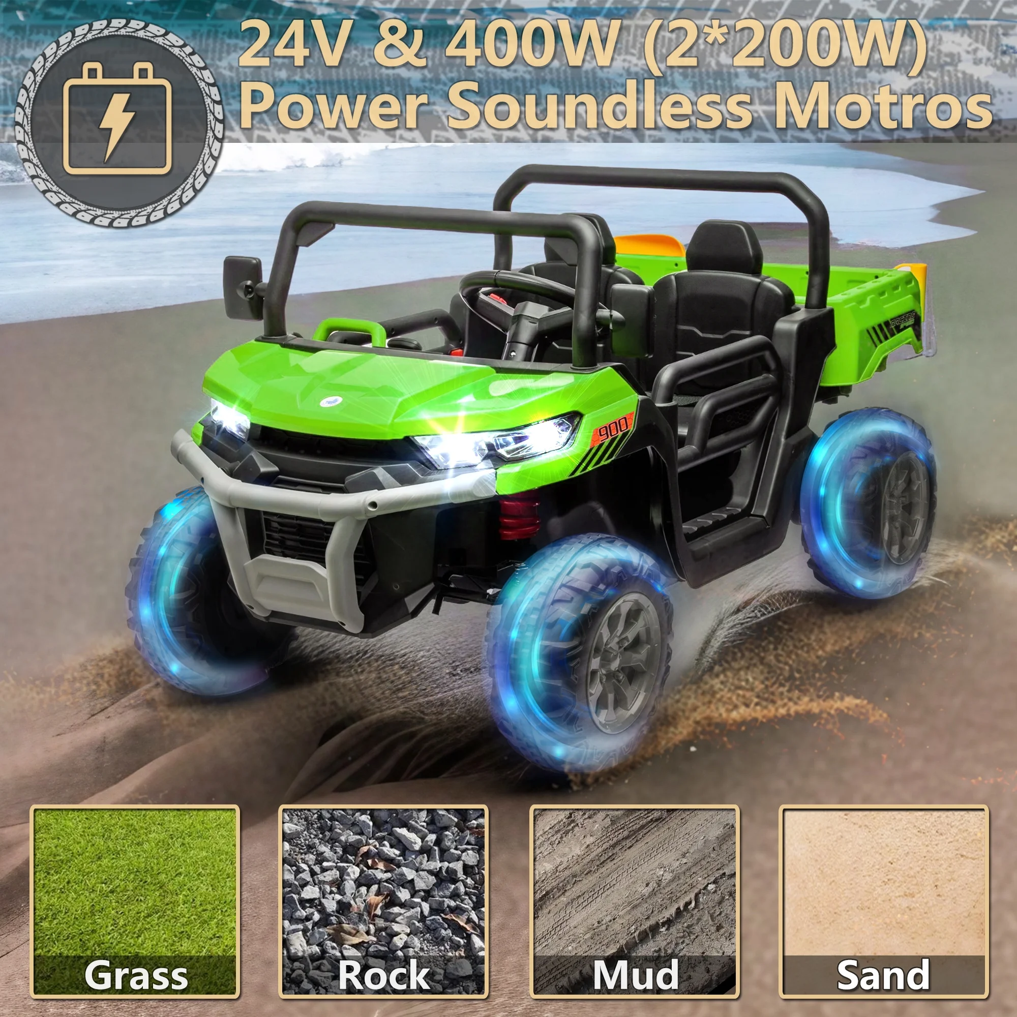 Xuanlur 24V 2 Seater Kids Ride on Car Truck, Ride on UTV W/ 2x200W Motor, 24 Volt Ride on Toys W/ Dump Bed/Shovel, Electric Car for Kids W/ Durable Tires, LED Light, Music, Remote Control, Black