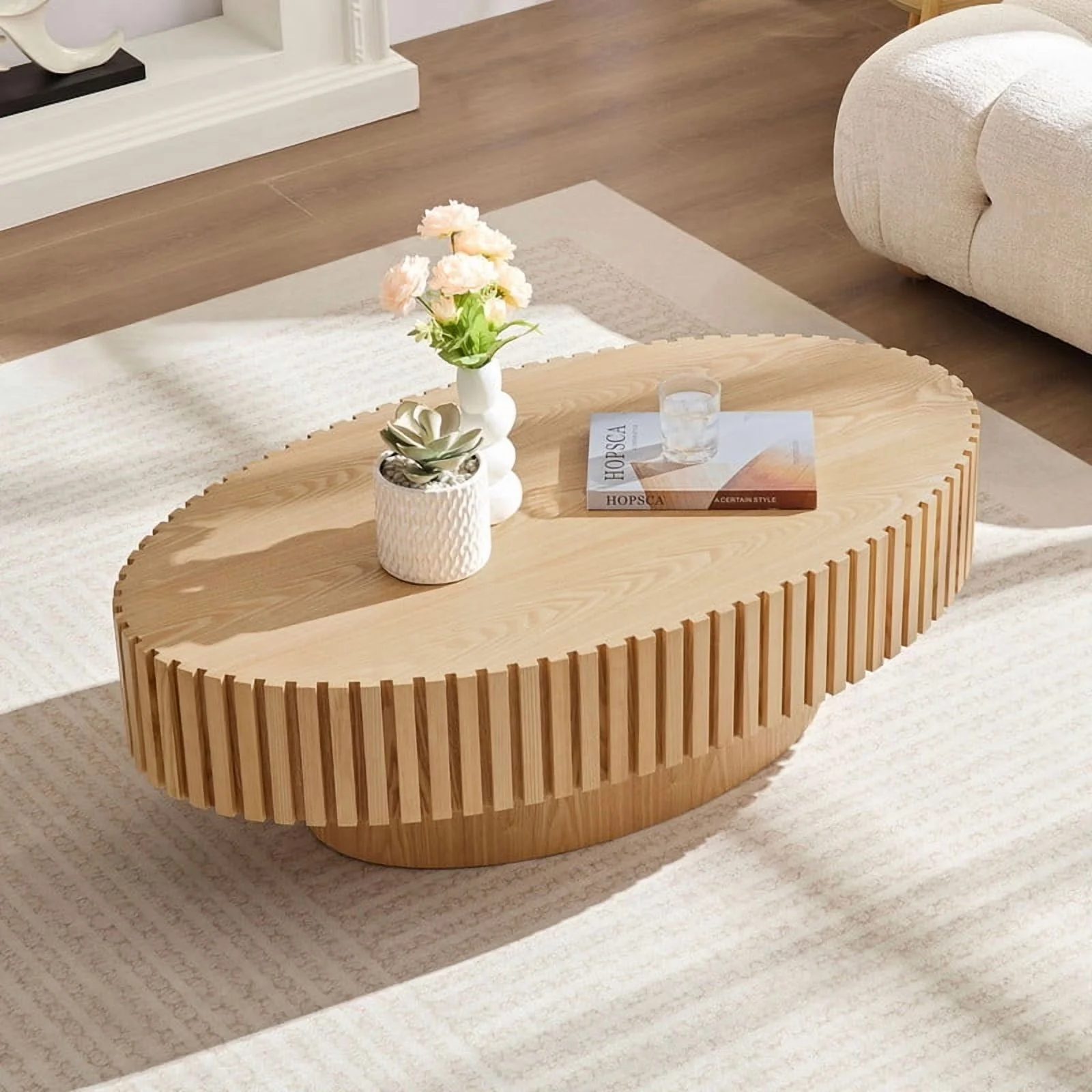 FFH 43.7 inch Oval Coffee Table for Living Room,Handcraft Rustic Corner Coffee Table Nature Wood Relief Sturdy Pedestal for Apartmen,Side Table Centre Table,Nature Wood