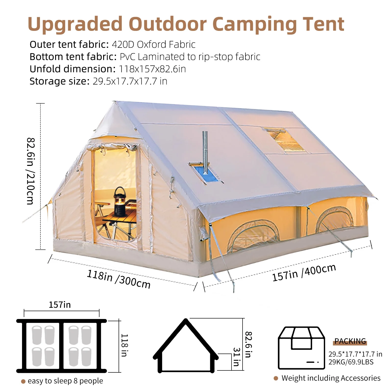 SENLEETO 8-10 People Glamping Inflatable Tents , 129 ft2 Large Blow Up  Tent with Hand Pump,  420D Oxford Fabric Camping Tent, Easy Setup Air Tent for Outdoor&Travel