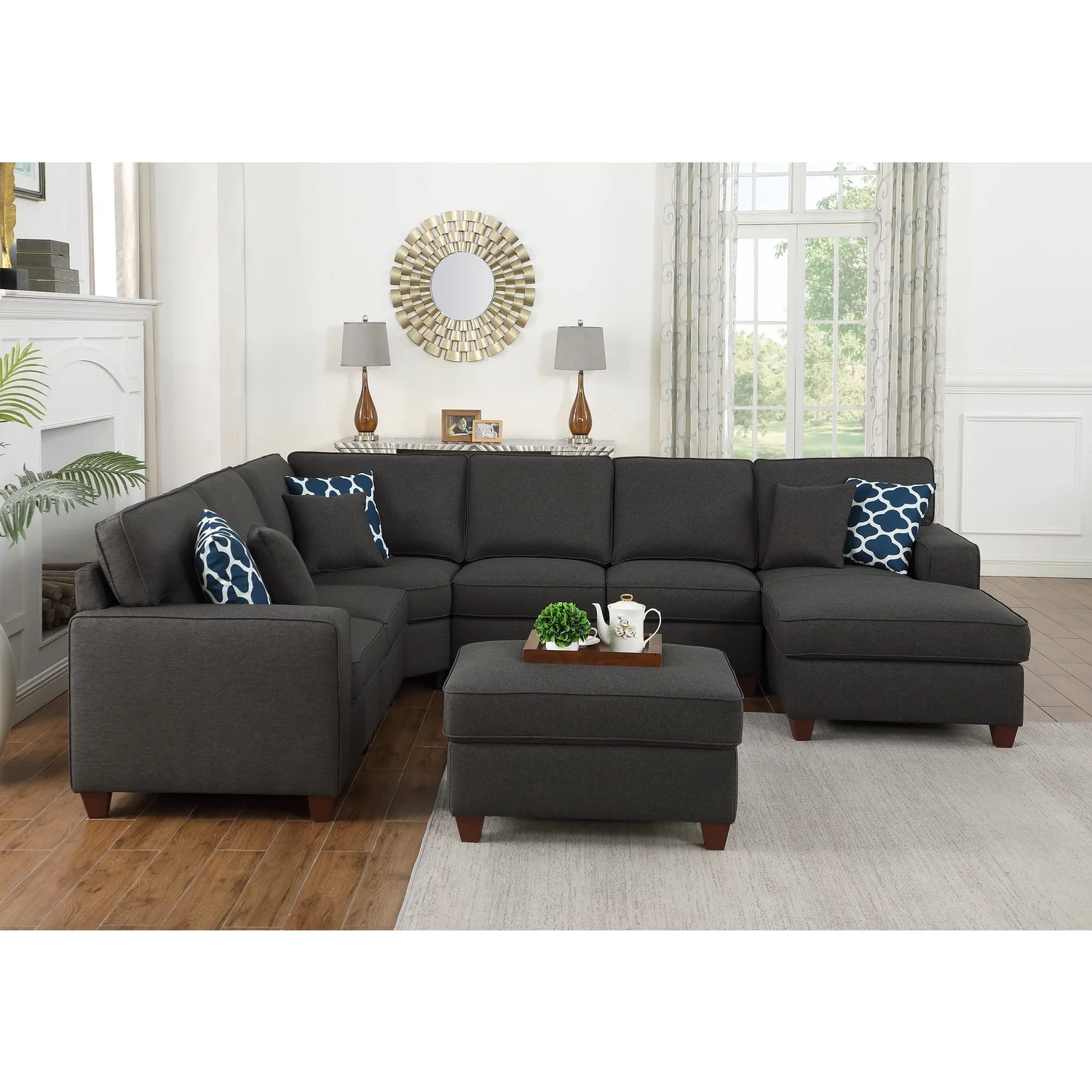 Devion Furniture 7-Piece Upholstered Modern Fabric Sectional in Light Gray
